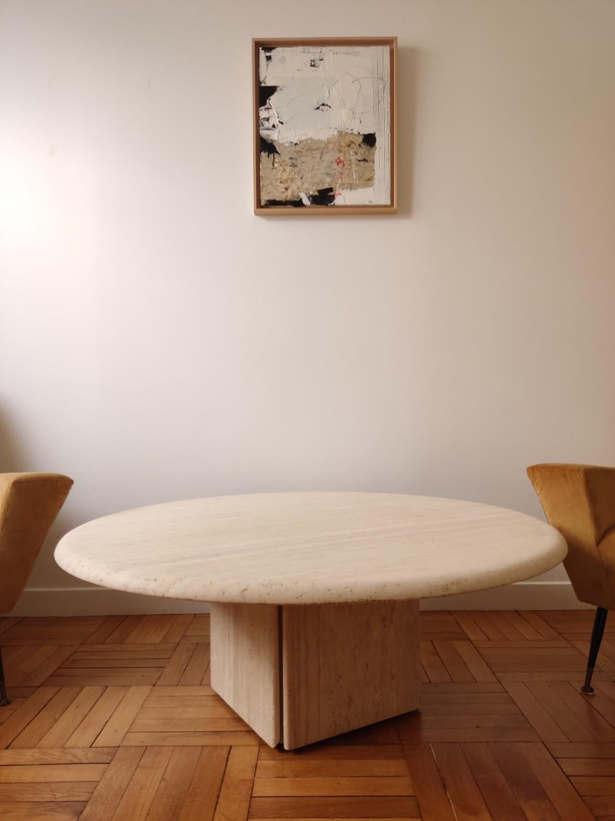 Circular Travertine Coffee Table, Claude Berraldacci In Good Condition For Sale In Paris, FR