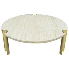Circular Travertine Coffee Table with Brass-Plated Base, Germany 1970s