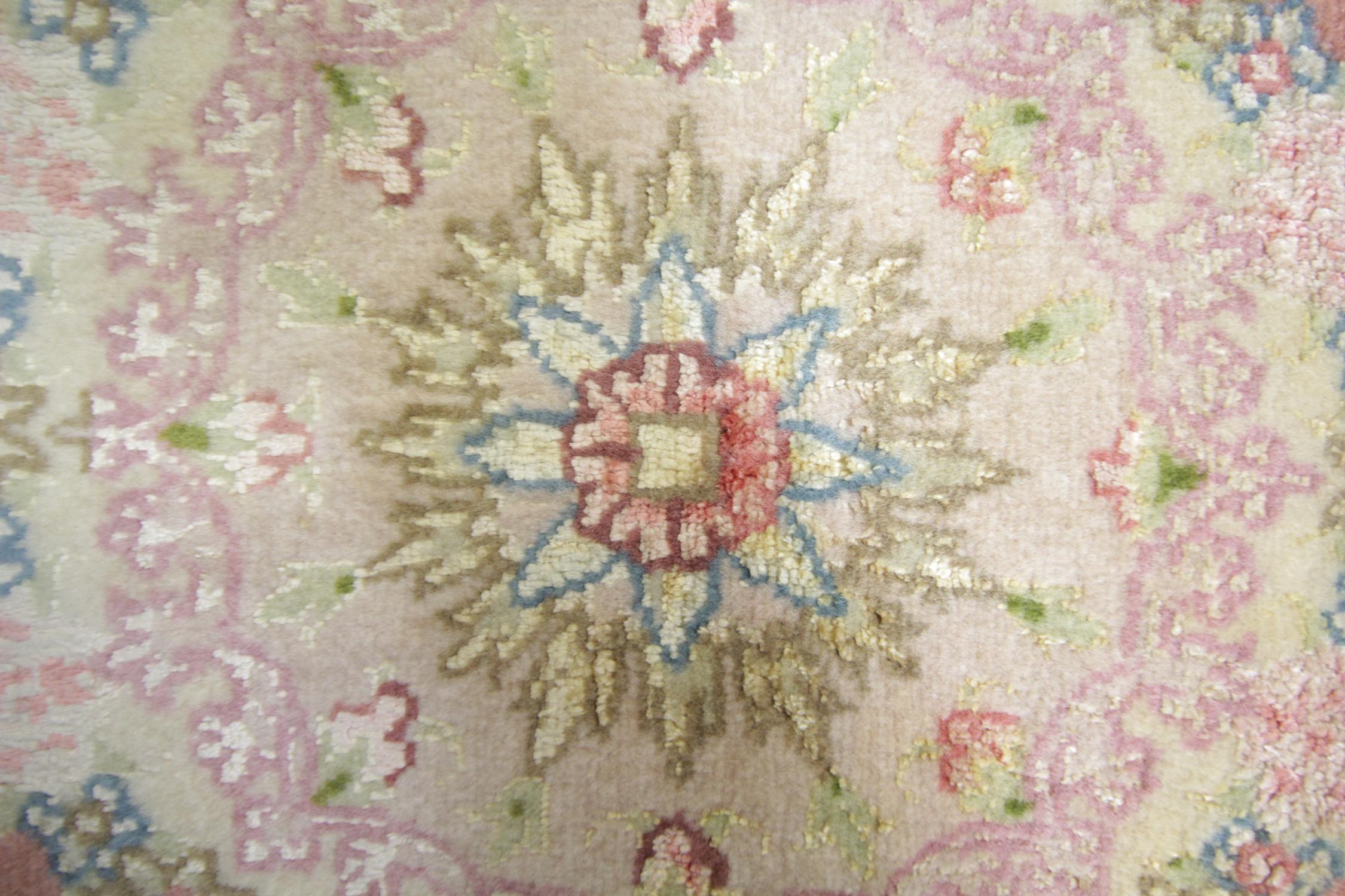 Woven Circular Turkish Wool and Silk Rug, Oriental Cream Pink Handmade Carpet For Sale