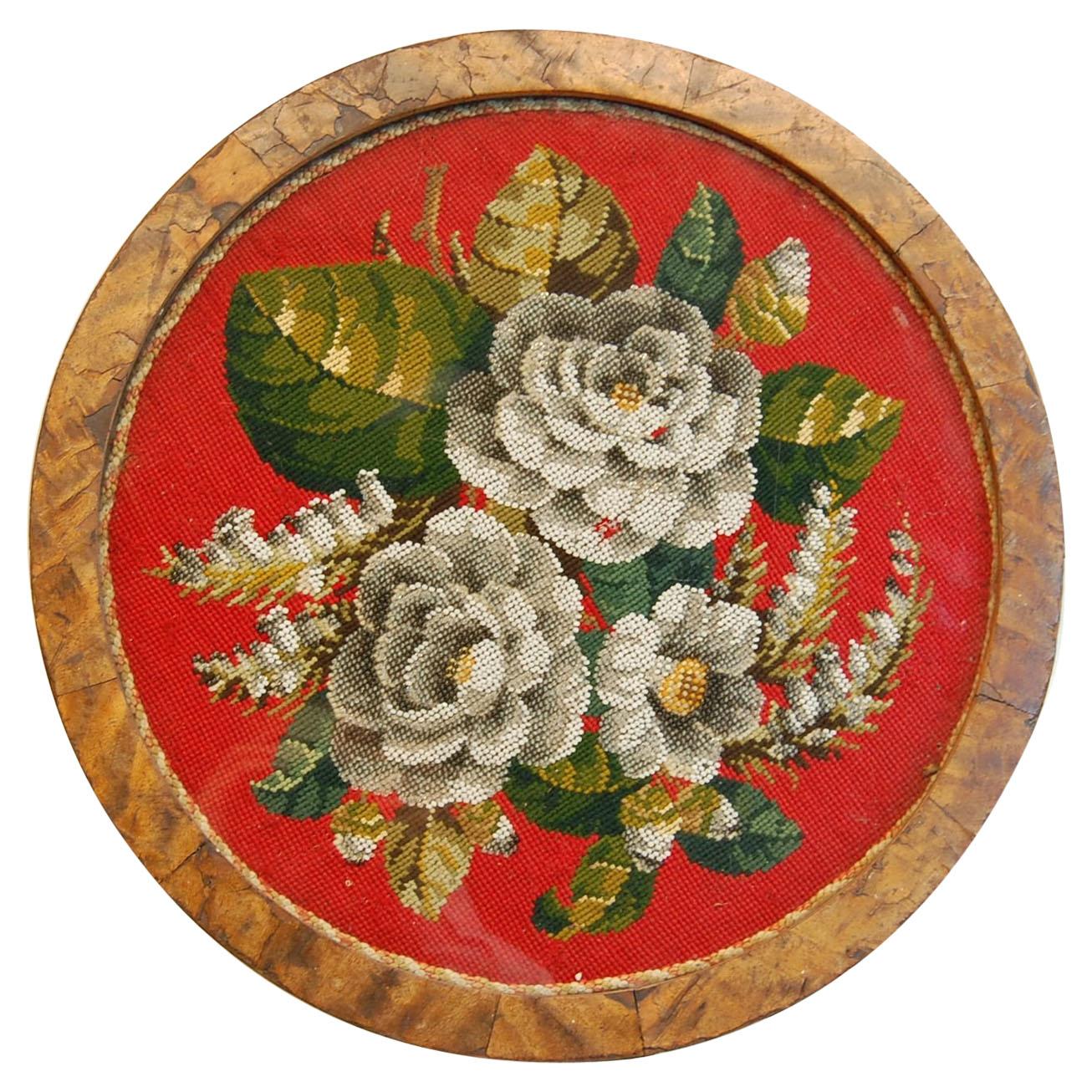 Circular Victorian 19th Century Floral Needlepoint Framed on a Low Wooden Base