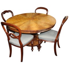 Antique Circular Victorian Walnut Centre Table and Four Matched Mahogany Dining Chairs