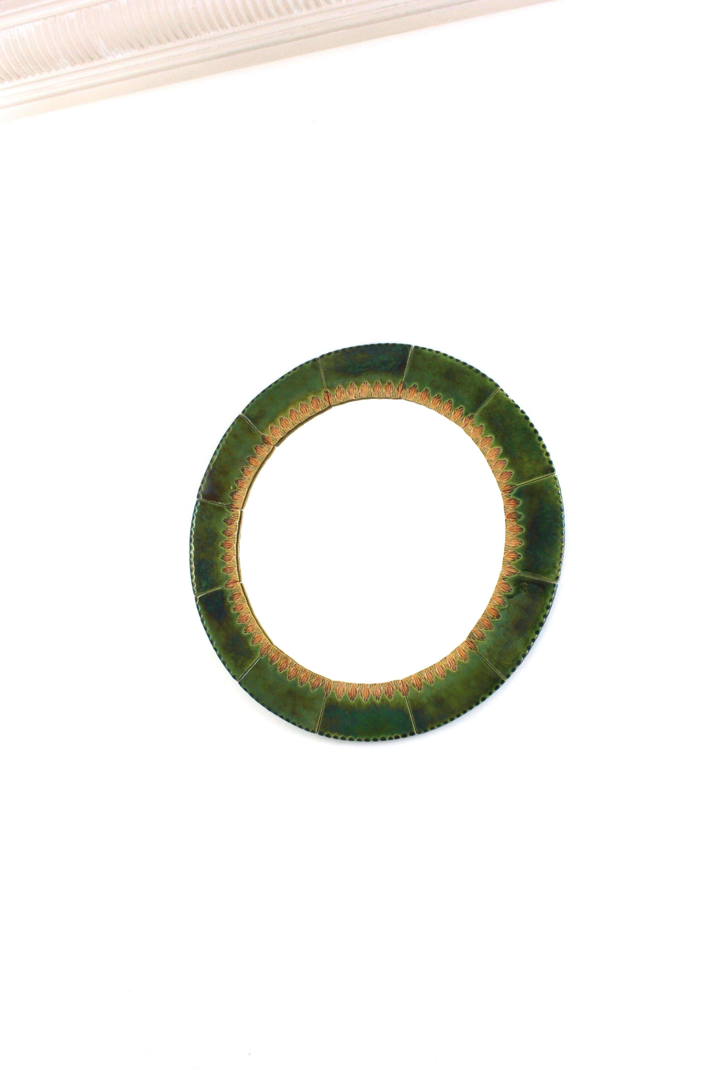 Circular Wall Mirror in Green and Amber Glazed Ceramic For Sale 4