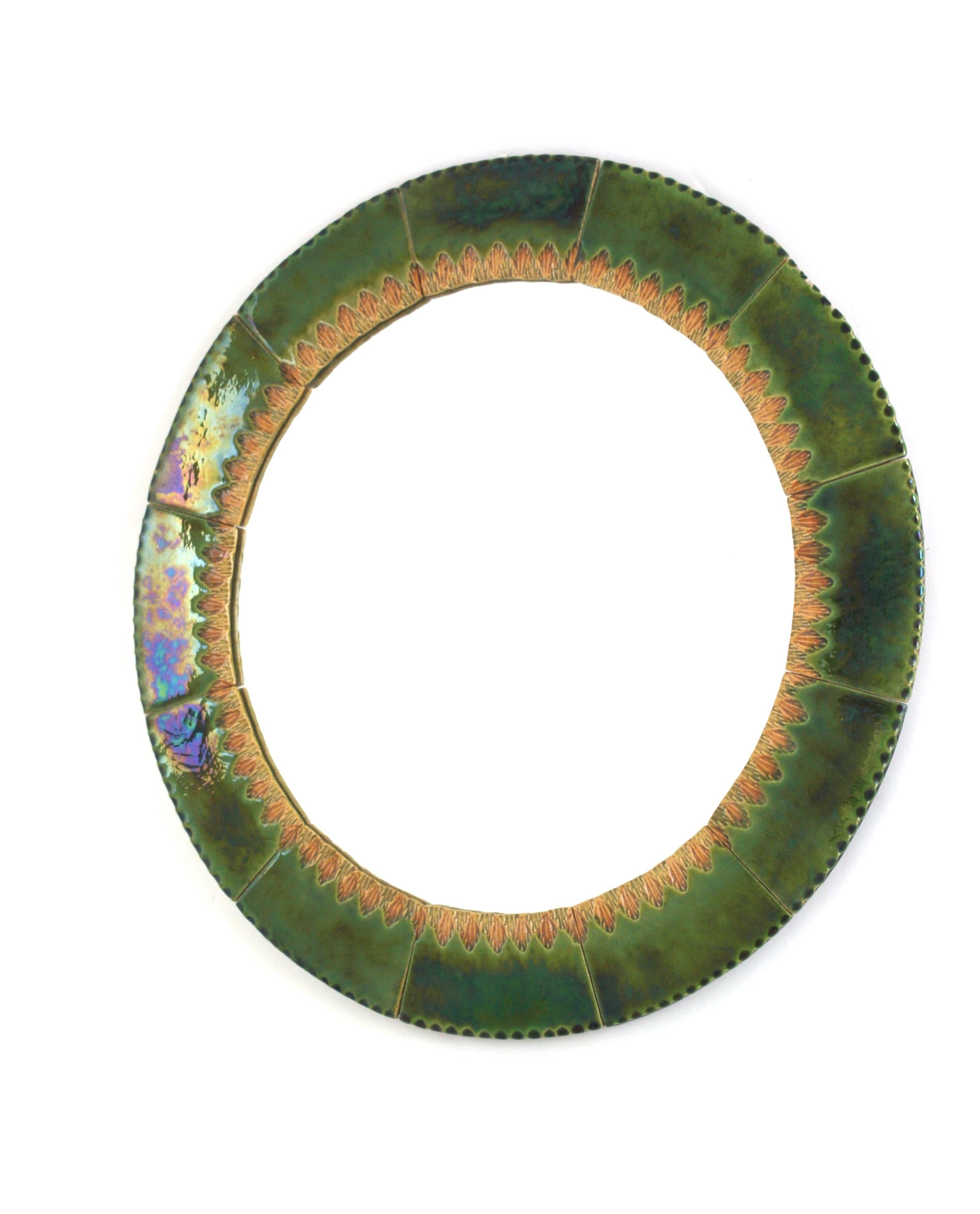 Circular Wall Mirror in Green and Amber Glazed Ceramic For Sale 5