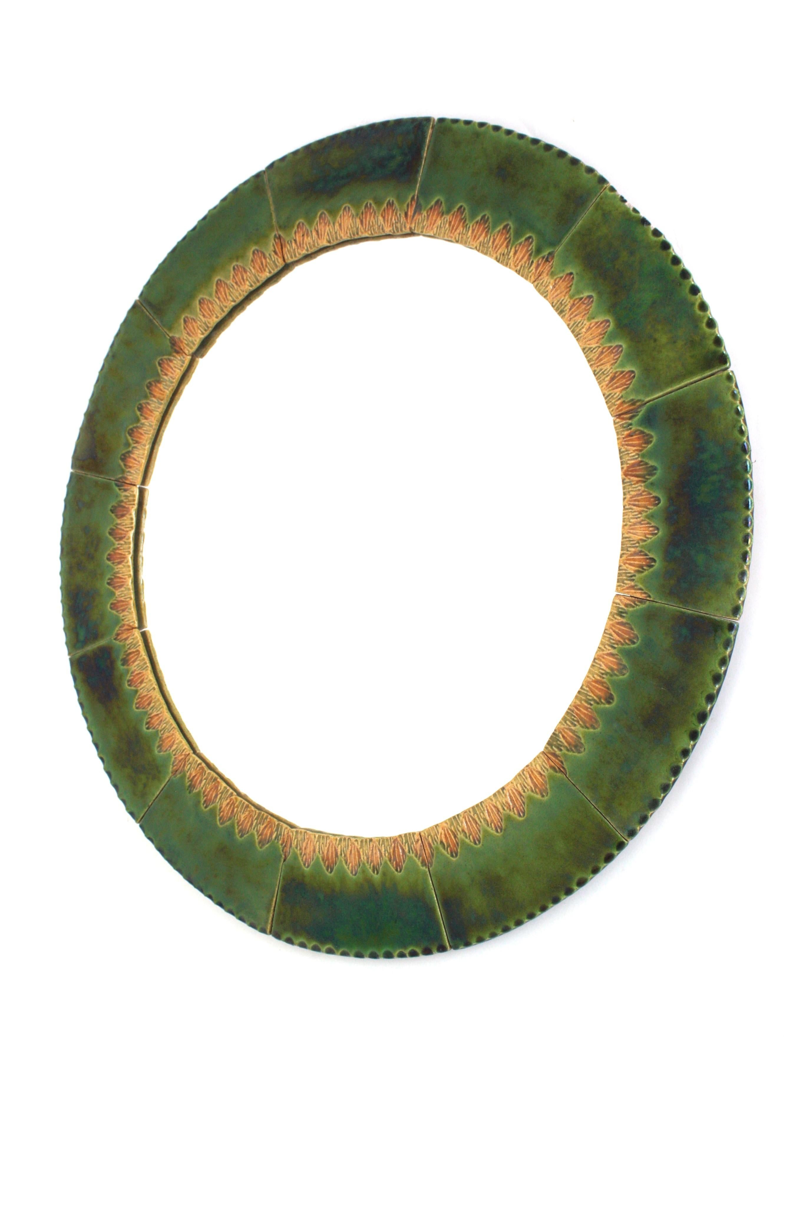 Circular Wall Mirror in Green and Amber Glazed Ceramic For Sale 6