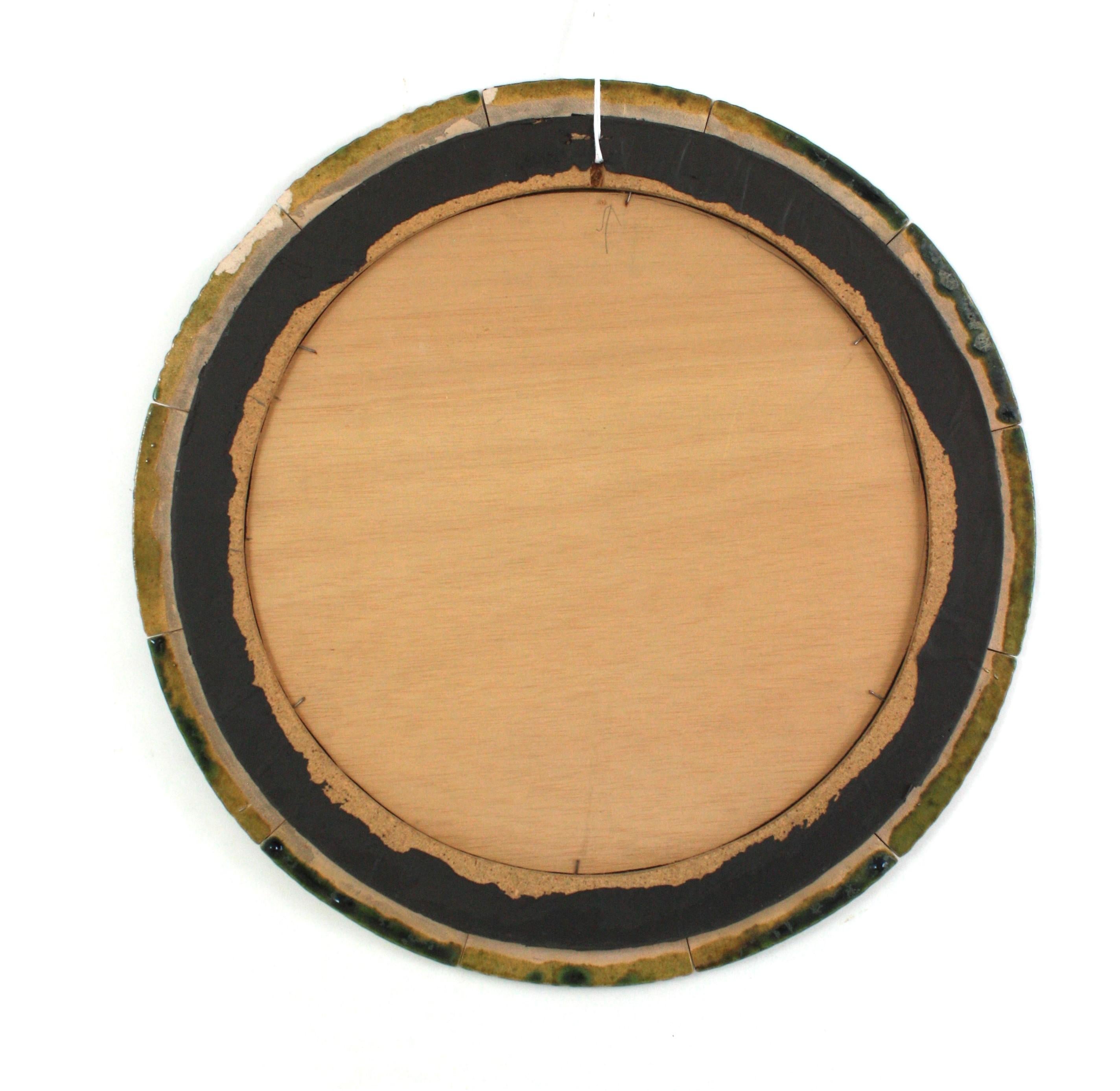 Circular Wall Mirror in Green and Amber Glazed Ceramic For Sale 7