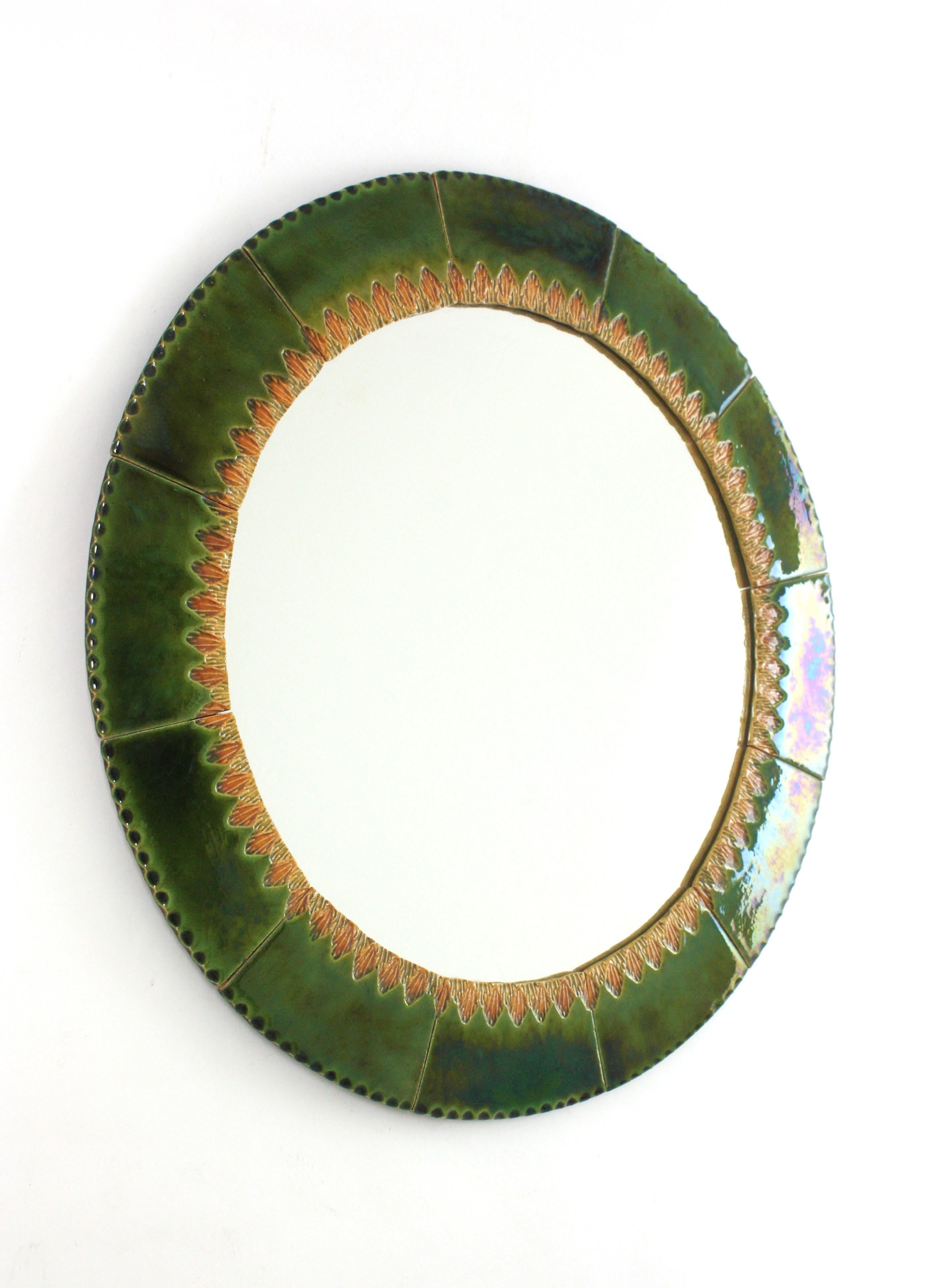 Mid-Century Modern Circular Wall Mirror in Green and Amber Glazed Ceramic For Sale