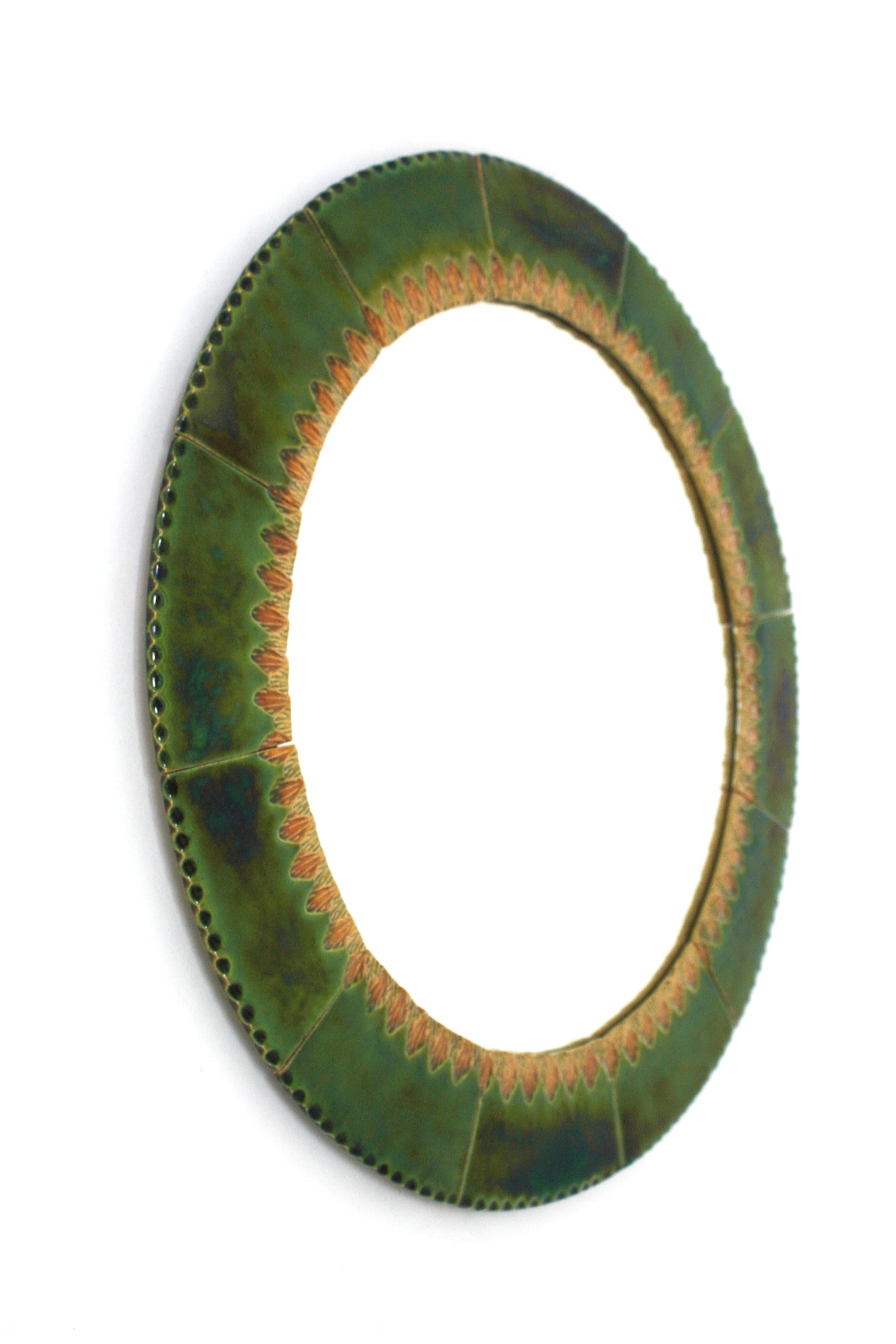 Spanish Circular Wall Mirror in Green and Amber Glazed Ceramic For Sale