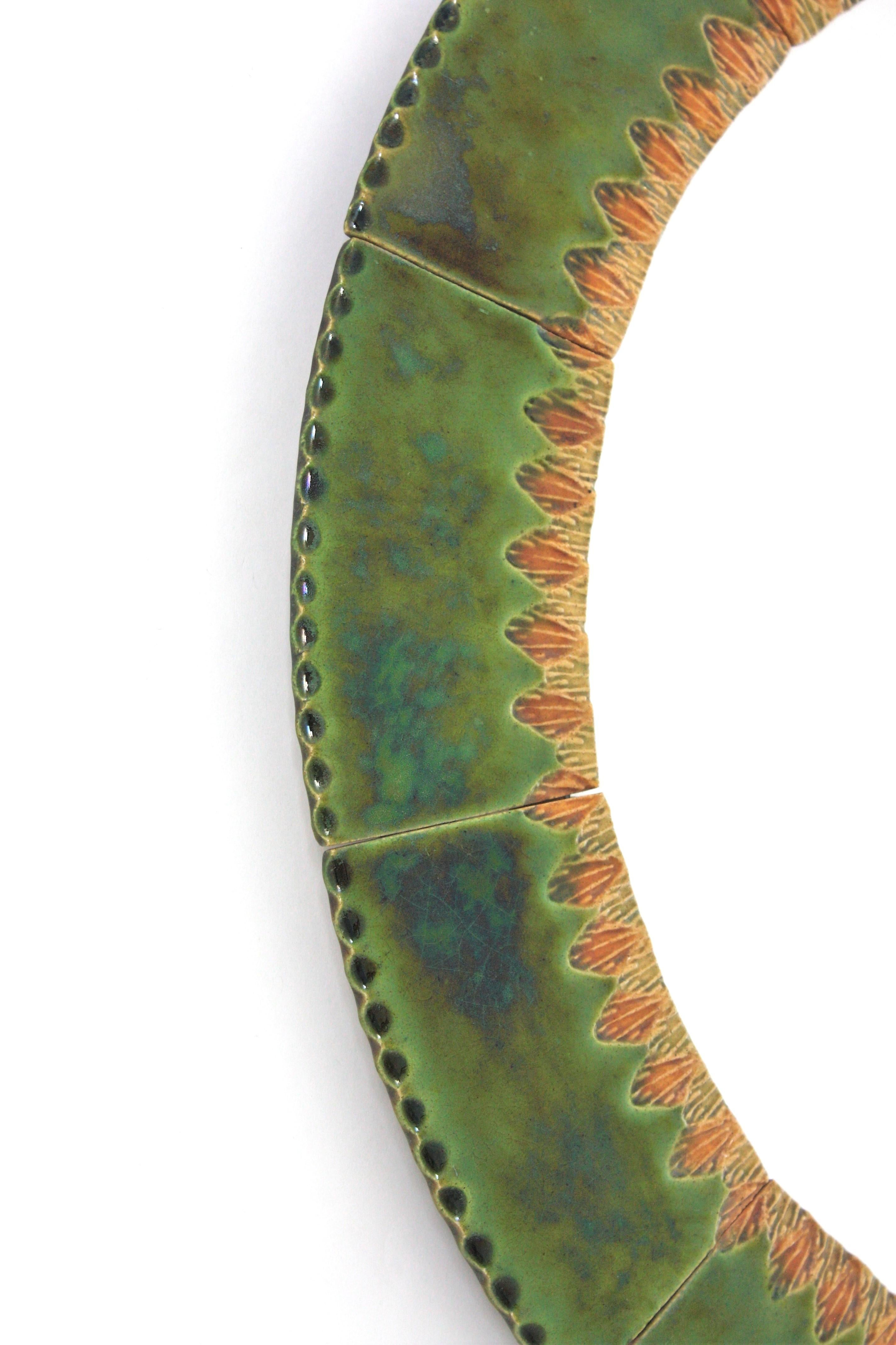 Circular Wall Mirror in Green and Amber Glazed Ceramic In Good Condition For Sale In Barcelona, ES
