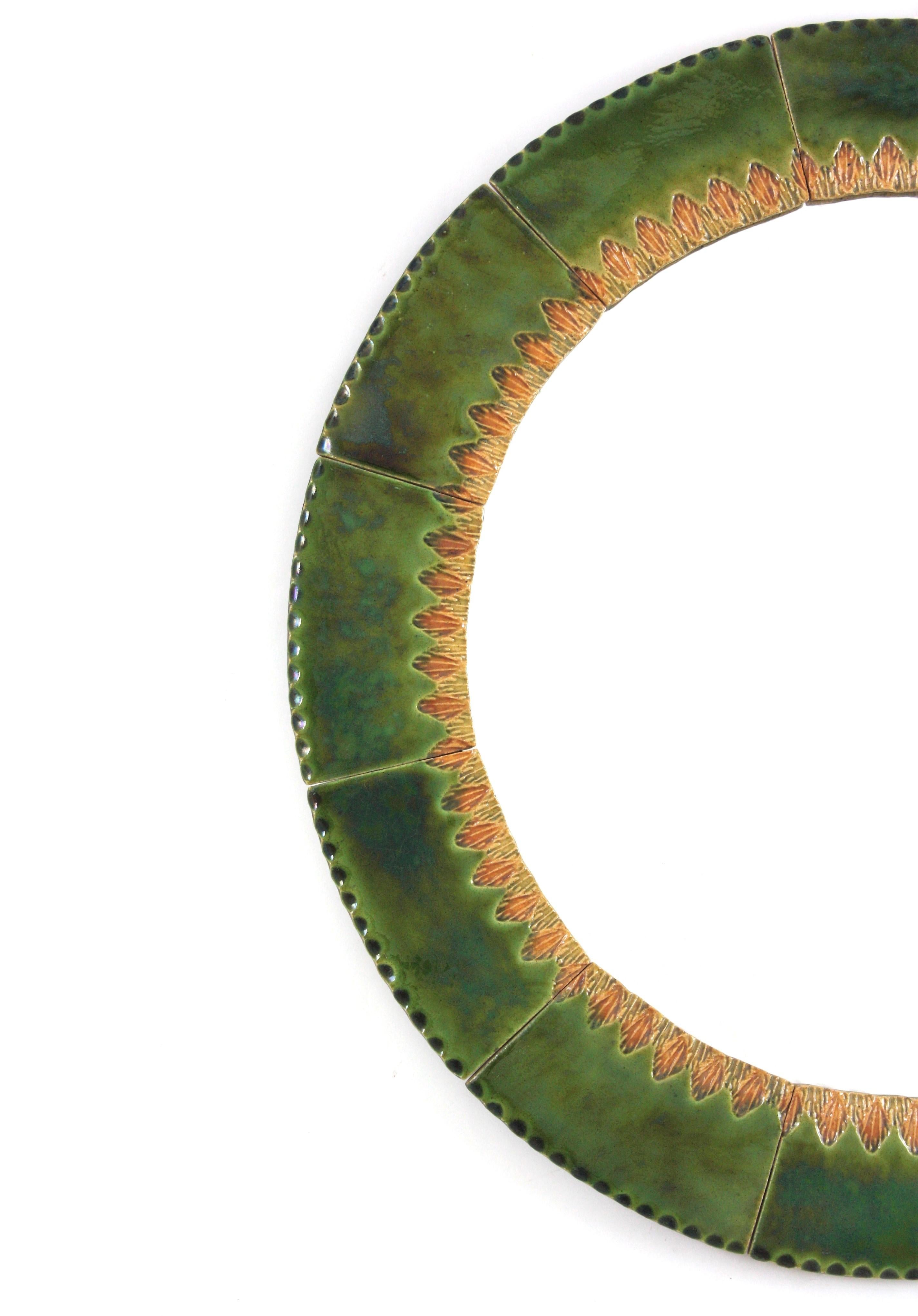 20th Century Circular Wall Mirror in Green and Amber Glazed Ceramic For Sale