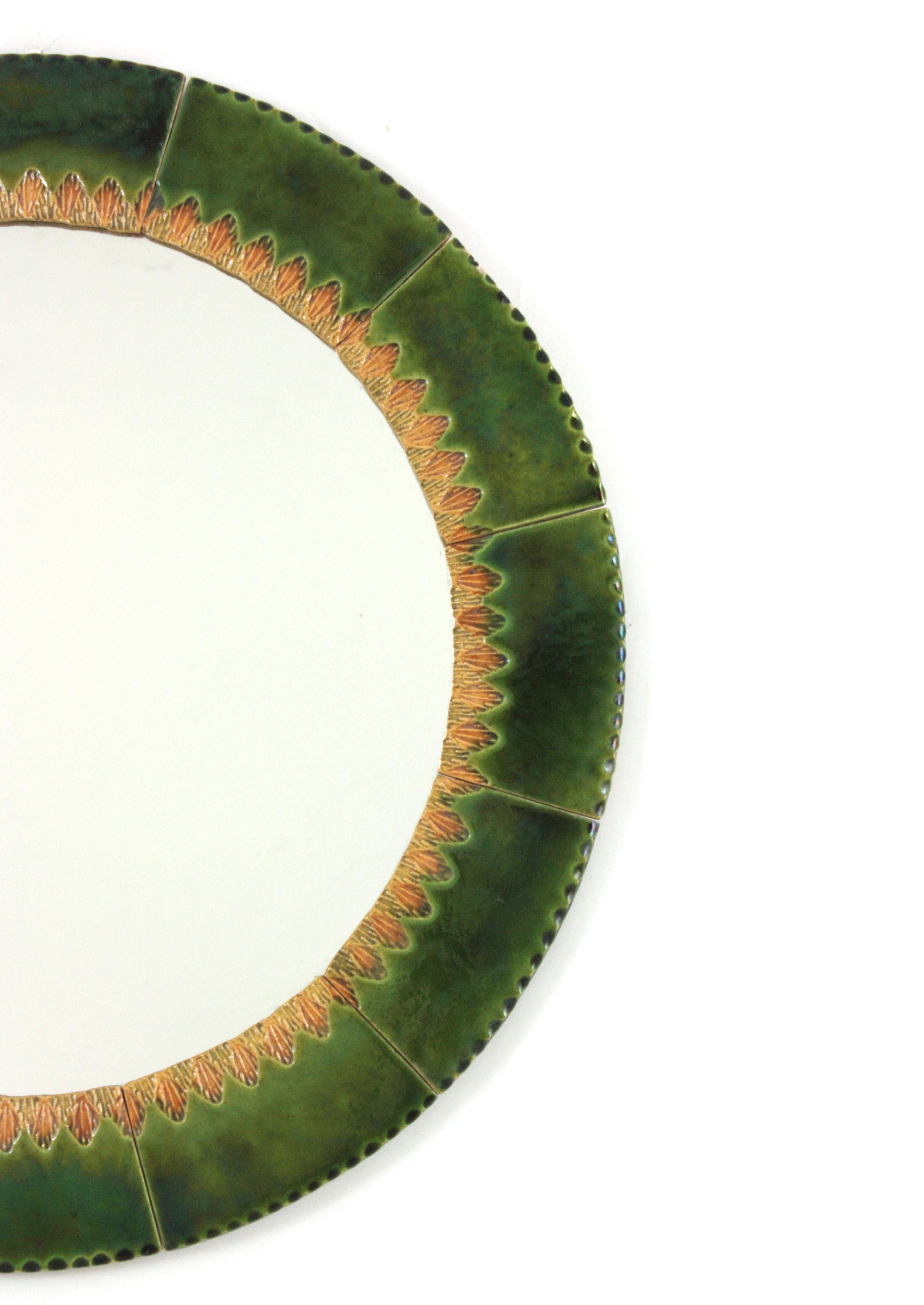 Circular Wall Mirror in Green and Amber Glazed Ceramic For Sale 1