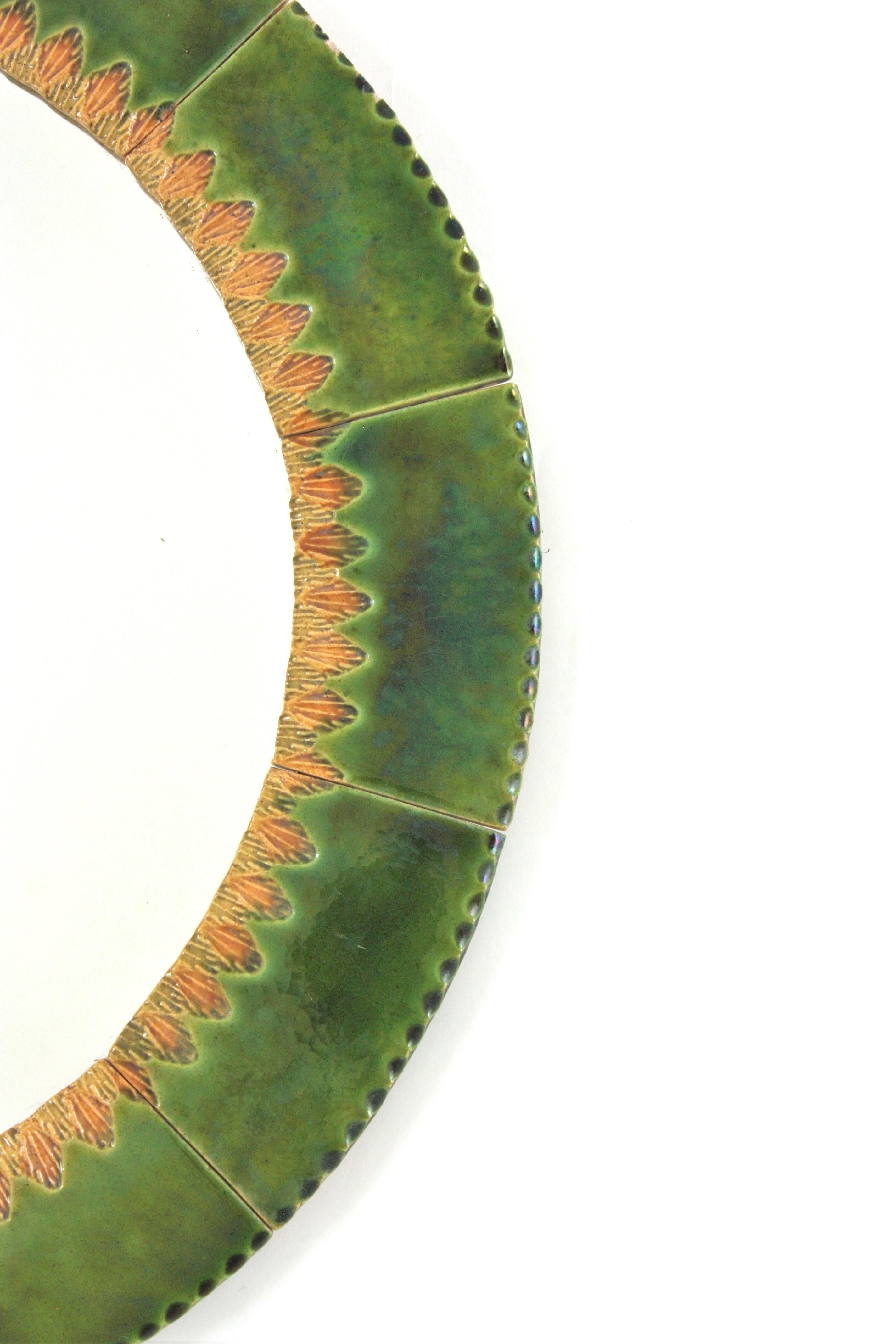 Circular Wall Mirror in Green and Amber Glazed Ceramic For Sale 2
