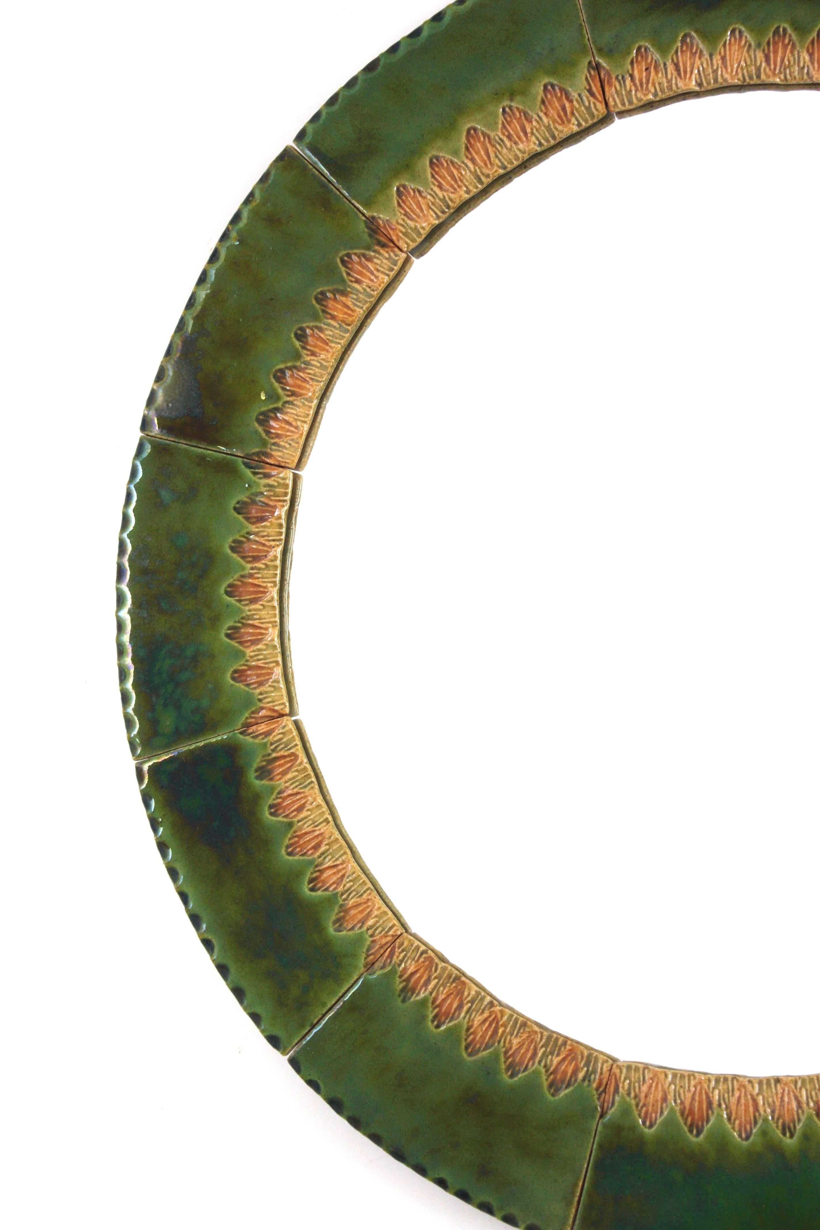 Circular Wall Mirror in Green and Amber Glazed Ceramic For Sale 3