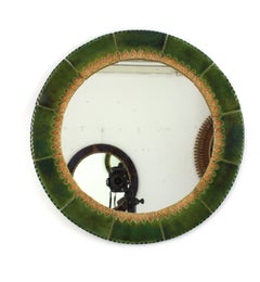 Circular Wall Mirror in Green and Amber Glazed Ceramic