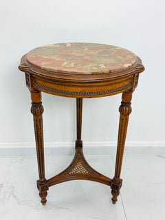 Circular walnut and rattan Side Table with a marble top, 1960s