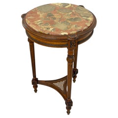 Circular walnut and rattan Side Table with a marble top, 1960s