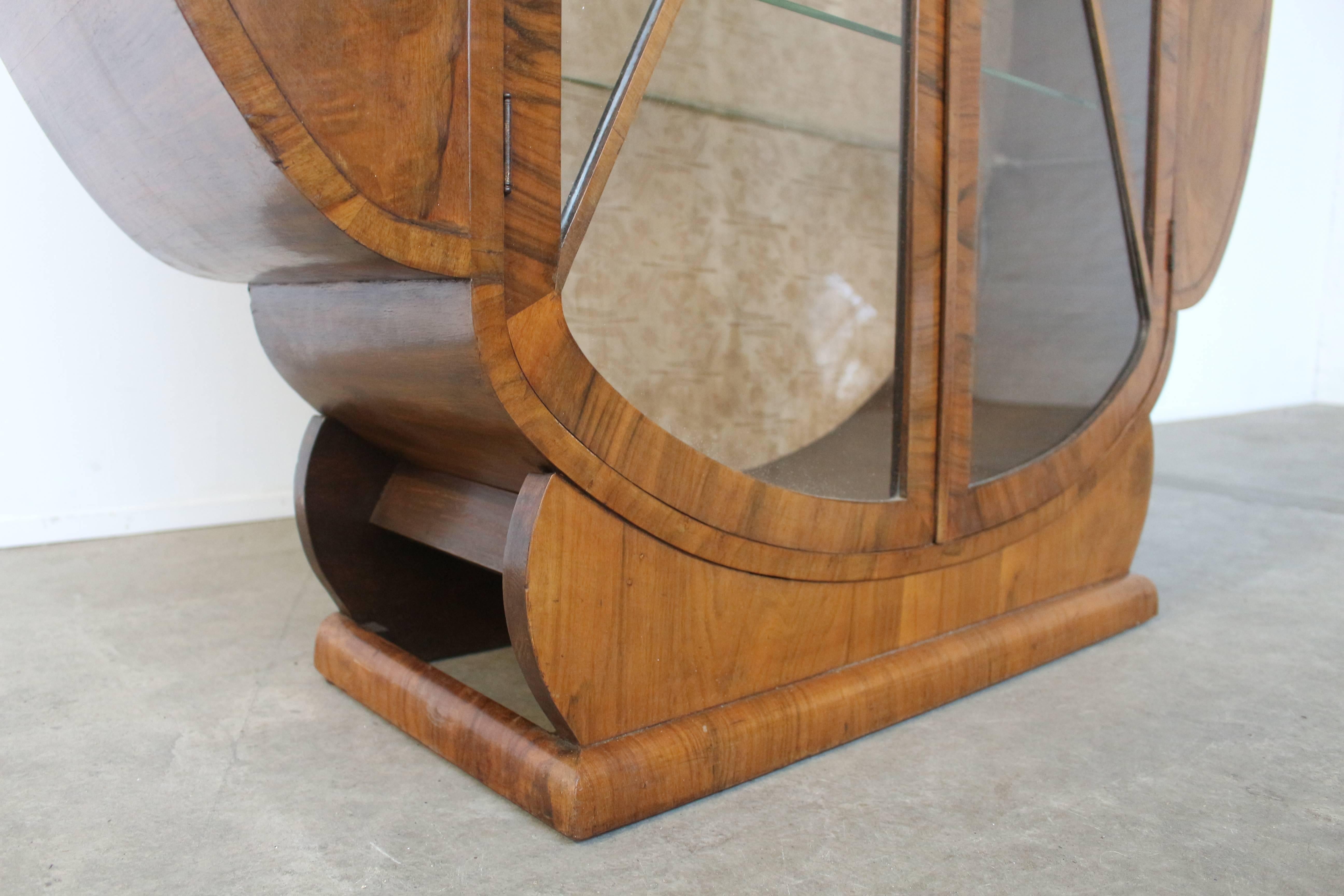 Mid-20th Century Circular Walnut Art Deco Display Cabinet with Glass Shelves
