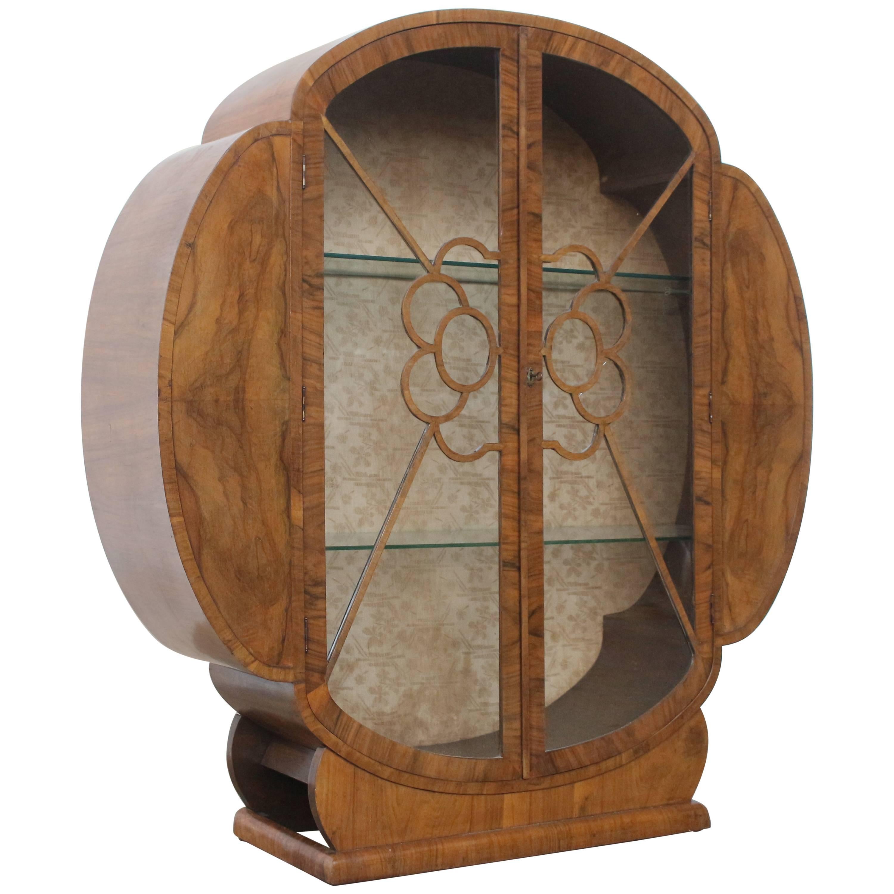 Circular Walnut Art Deco Display Cabinet with Glass Shelves