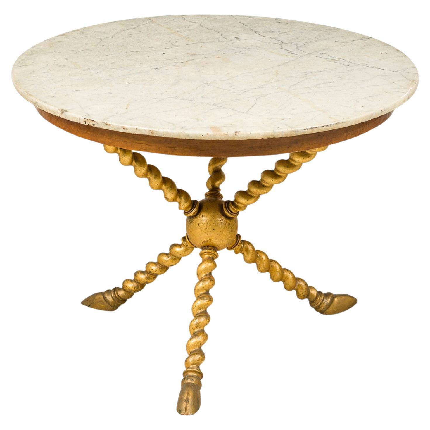 Table centrale circulaire en noyer, bois doré et marbre en vente