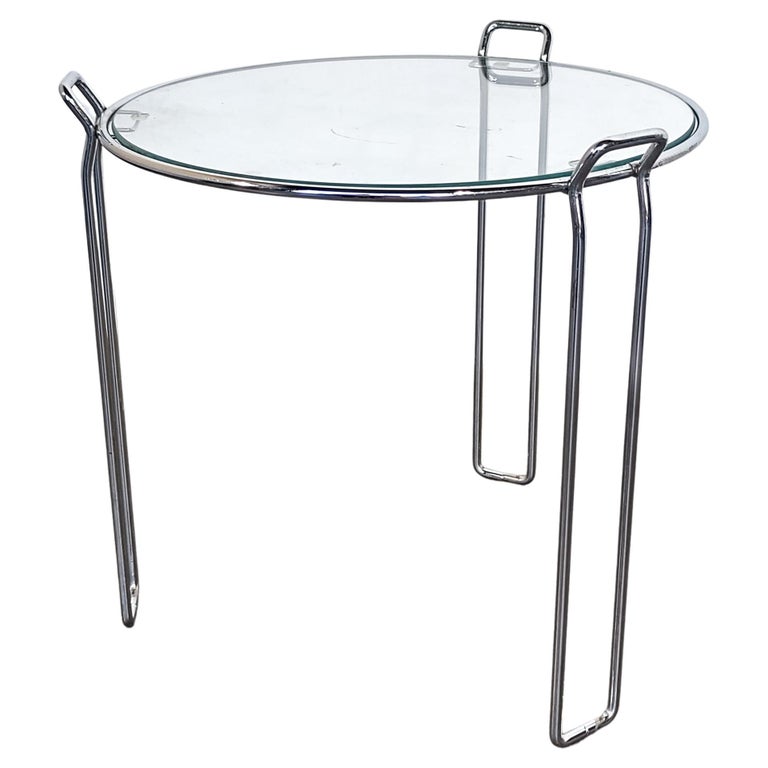 Circular Wire Frame Chrome Side Table with Glass Top by Saporiti For