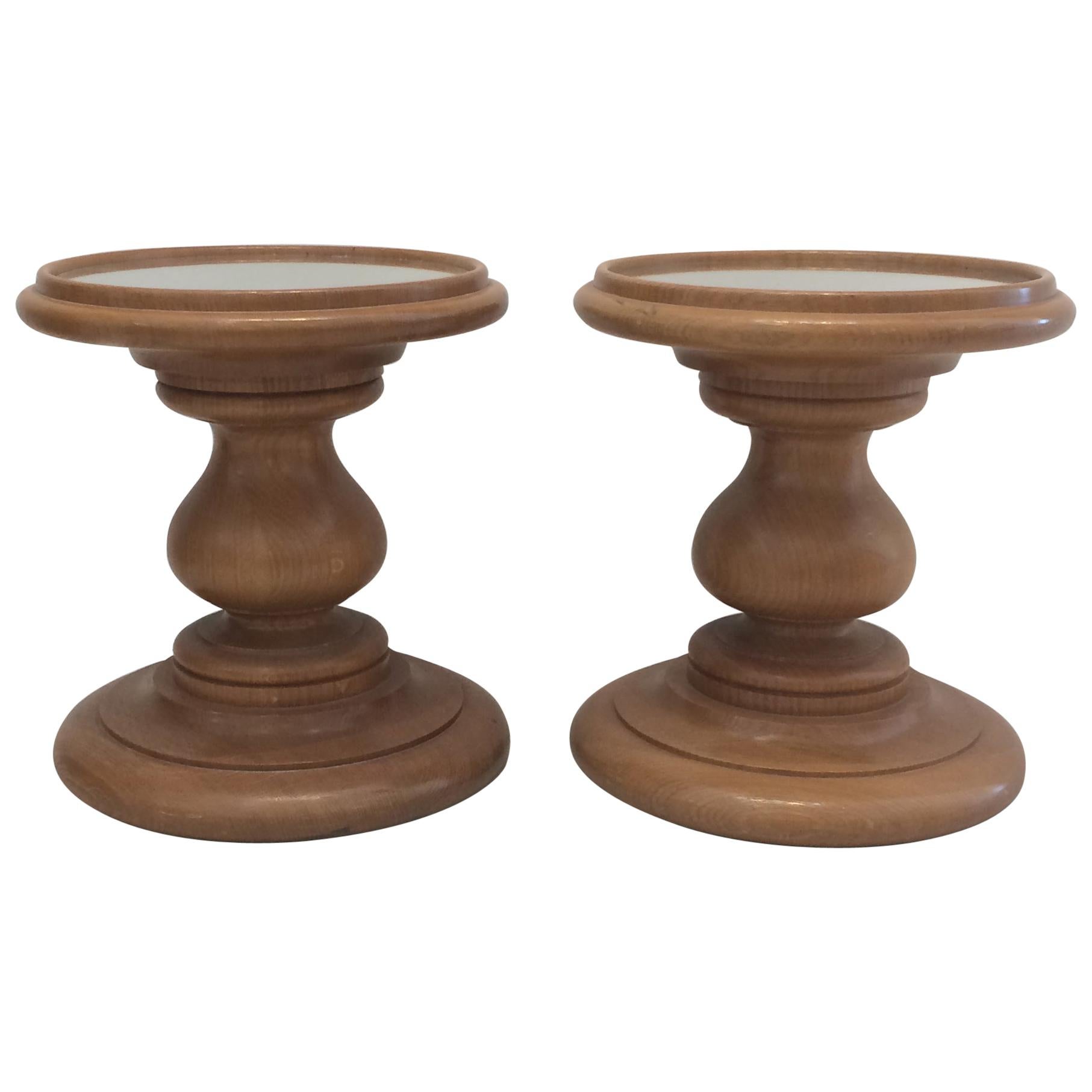 Circular Wooden Display Pedestals or End Tables Mirrored Tops a Pair