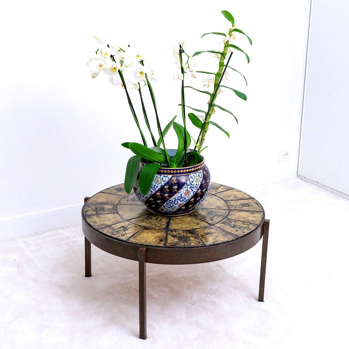 Circular Wrought Iron & Enamelled Ceramic Coffee Table - Jacques Blin - XXth  For Sale 2