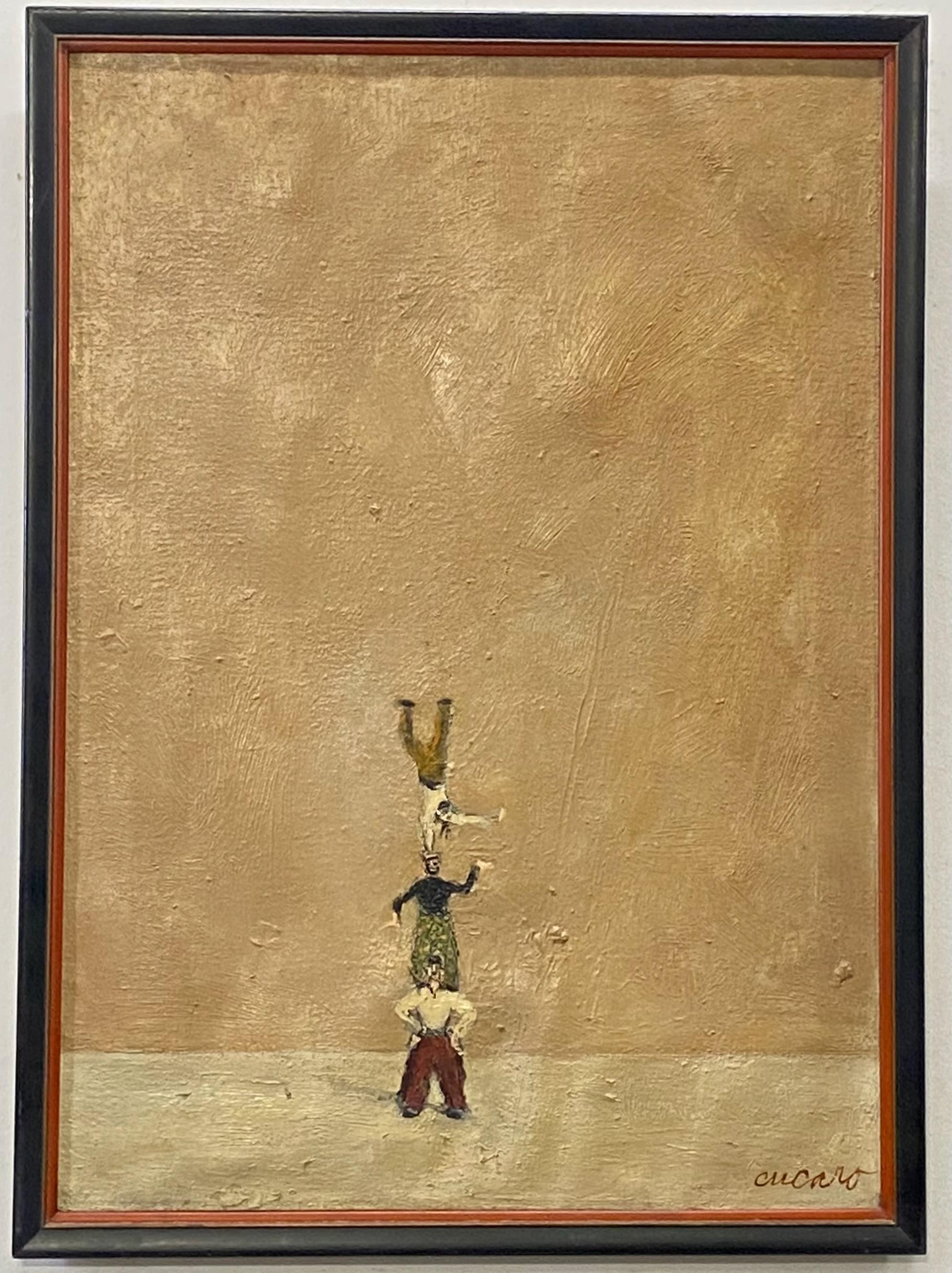 Charming expressionist style painting of circus acrobat performers by California San Francisco artist Pascal “Pat” Cucaro (b. 1915–2004).
Framed oil on canvas. Mid 20th century 1950's-1960's.

Cucaro was active in San Franciso’s highly influential