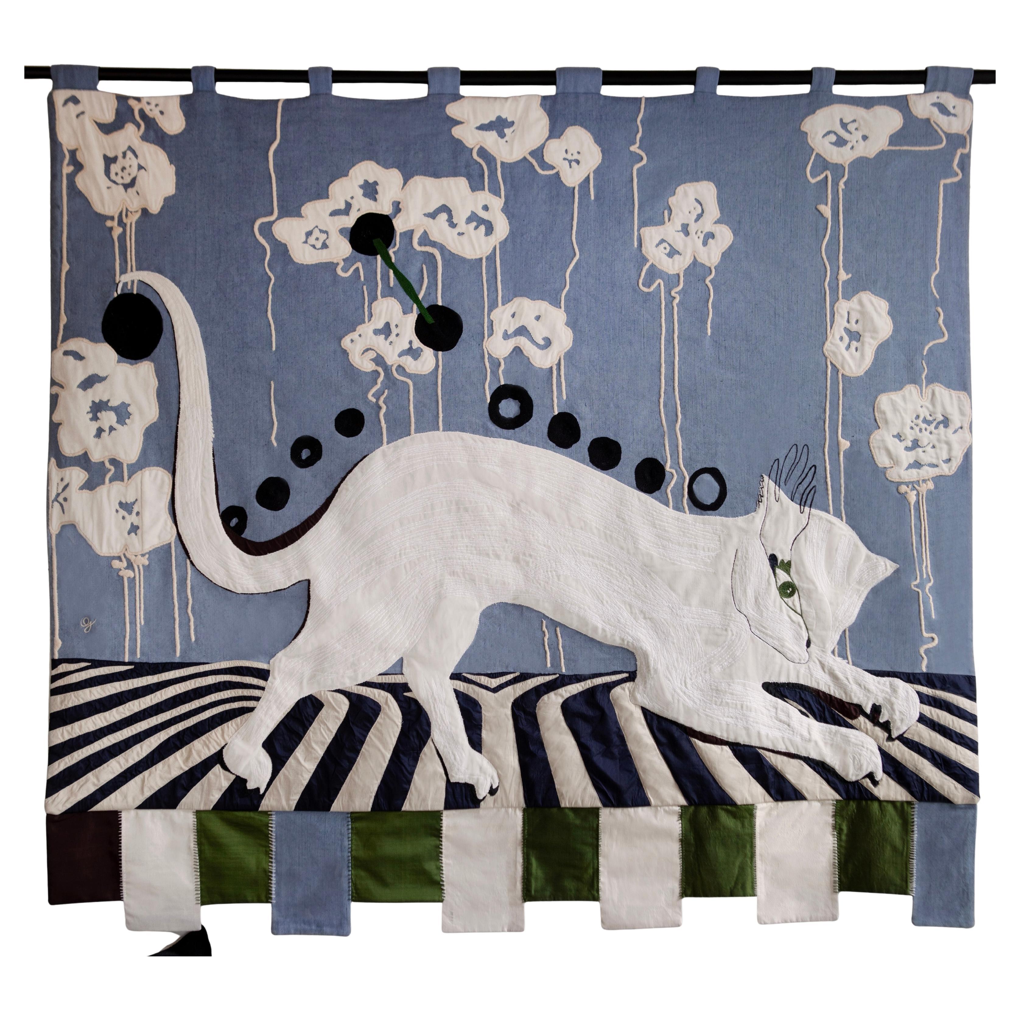 Circus Cat Hand Sewn Embroidered Wall Tapestry with Silk Applique For Sale