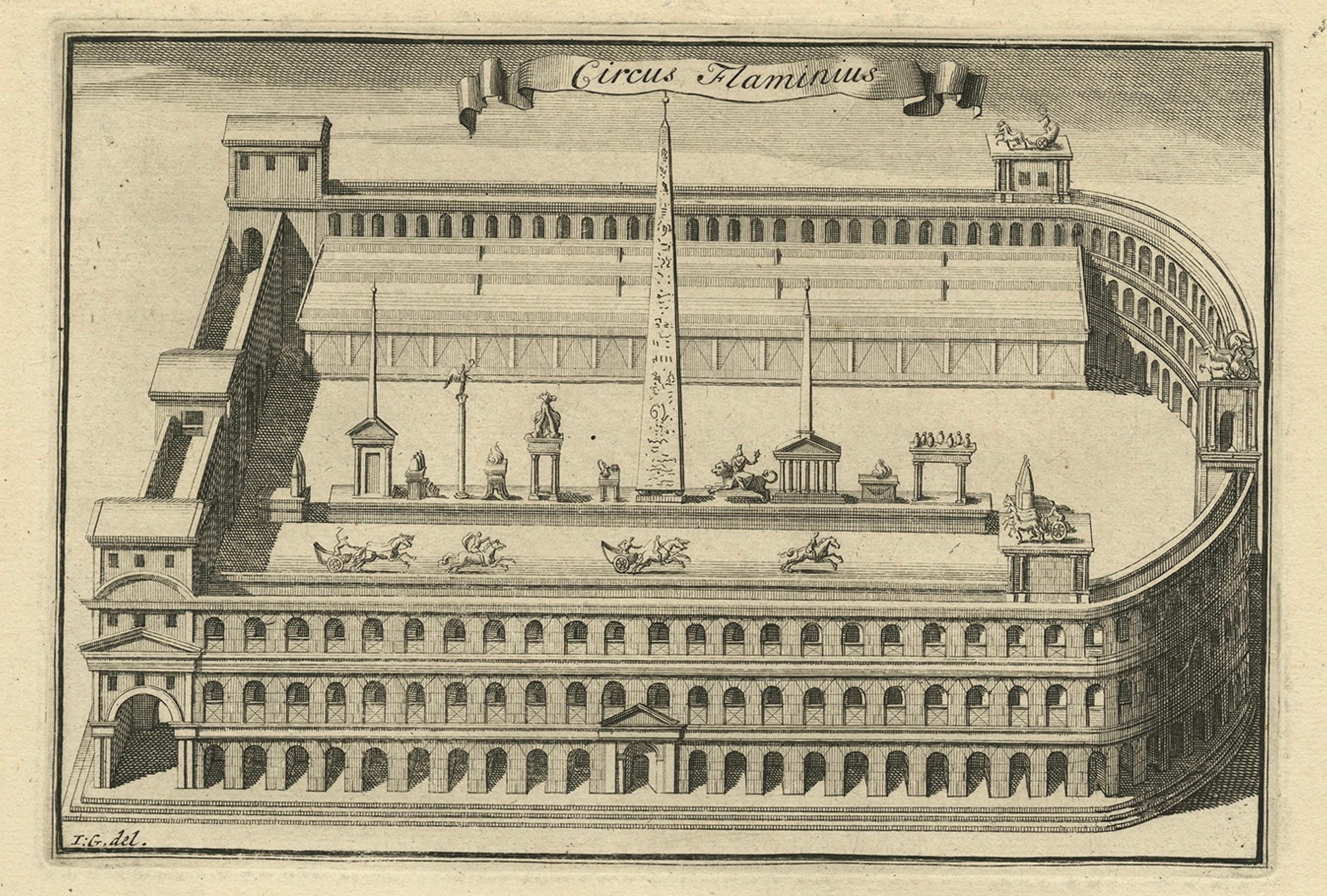 Early 18th Century Circus Flaminius in Ancient Rome – Rare Architectural Engraving, 1704 For Sale