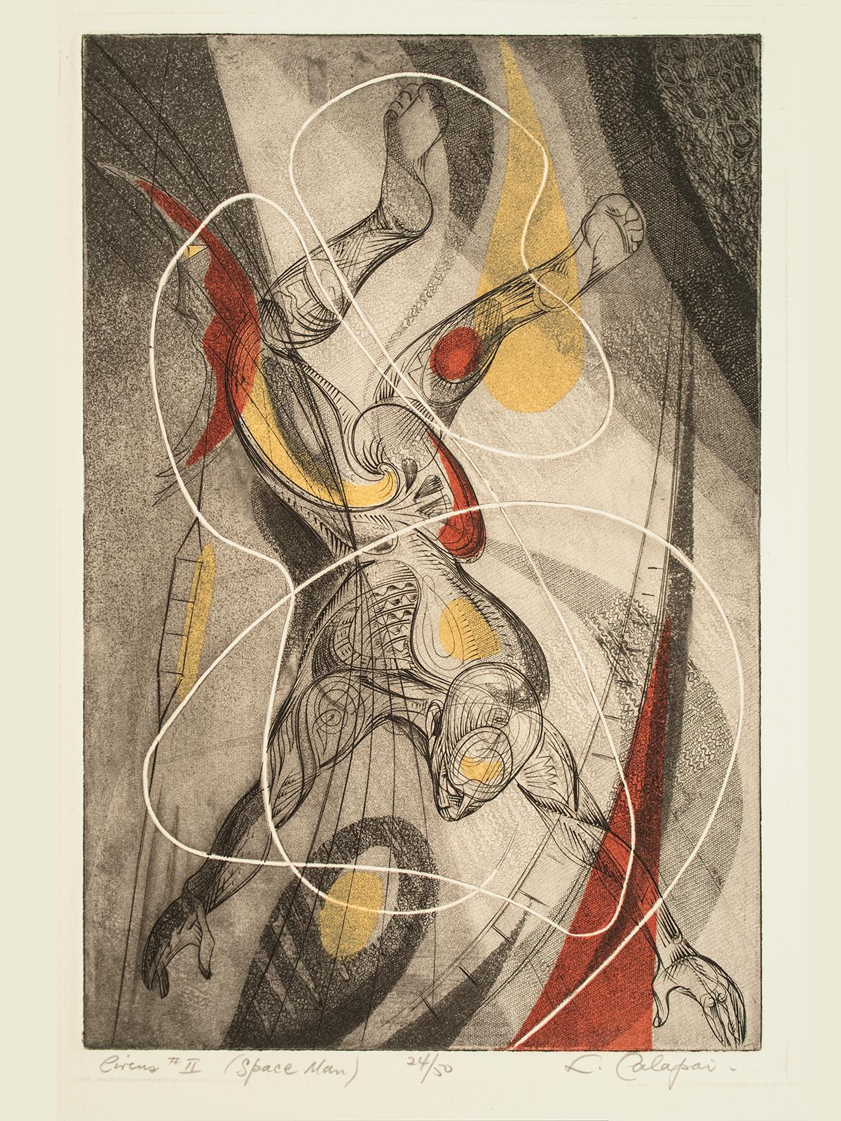 Letterio Calapai (1901-1993)
Circus II (Space Man), c. 1950
Image : 8.7/8″ (22.5 cm) par 6″ (15.2 cm)
Edition : 24/50, avec toutes les marges
Signé : Au crayon, dans la marge inférieure droite, L. A.

Une intéressante gravure du milieu du siècle