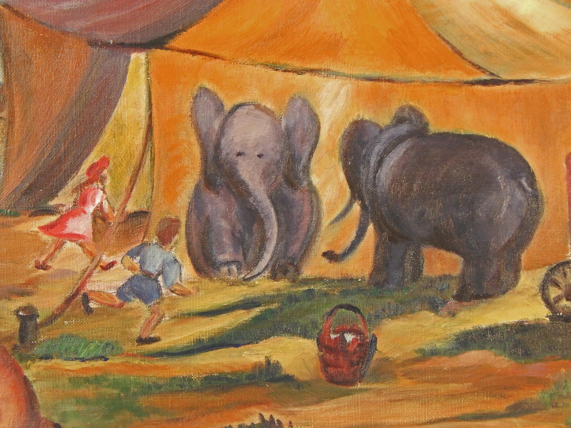 Exuberant and vividly painted, this painting depicts the circus big top on the edge of a small town, with a wagon to one side, a pair of elephants waiting for their moment, and two children rushing toward the action. The painting is by Anne Walker,