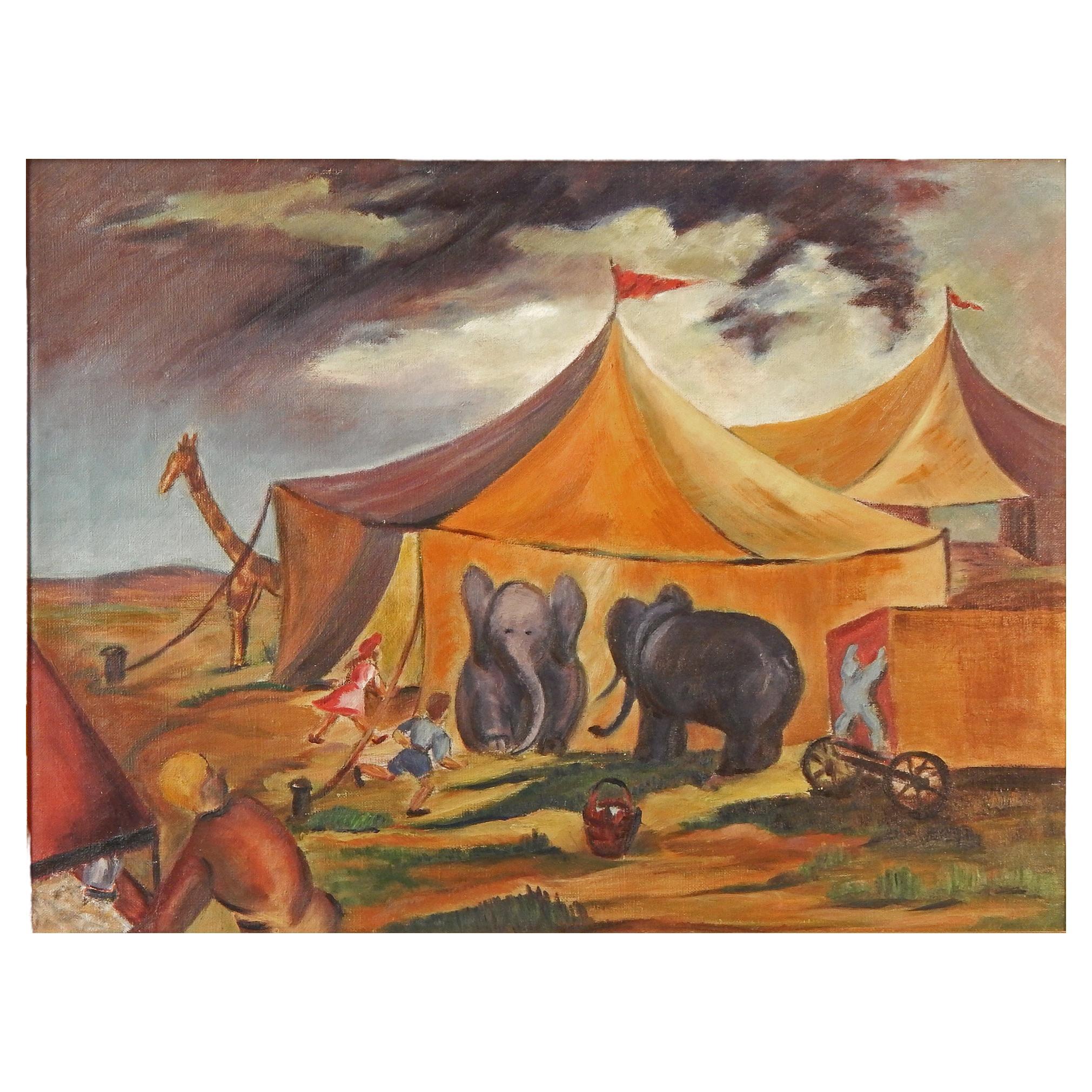 "Circus Is in Town, " Social Realist Painting with Elephants and Giraffe For Sale