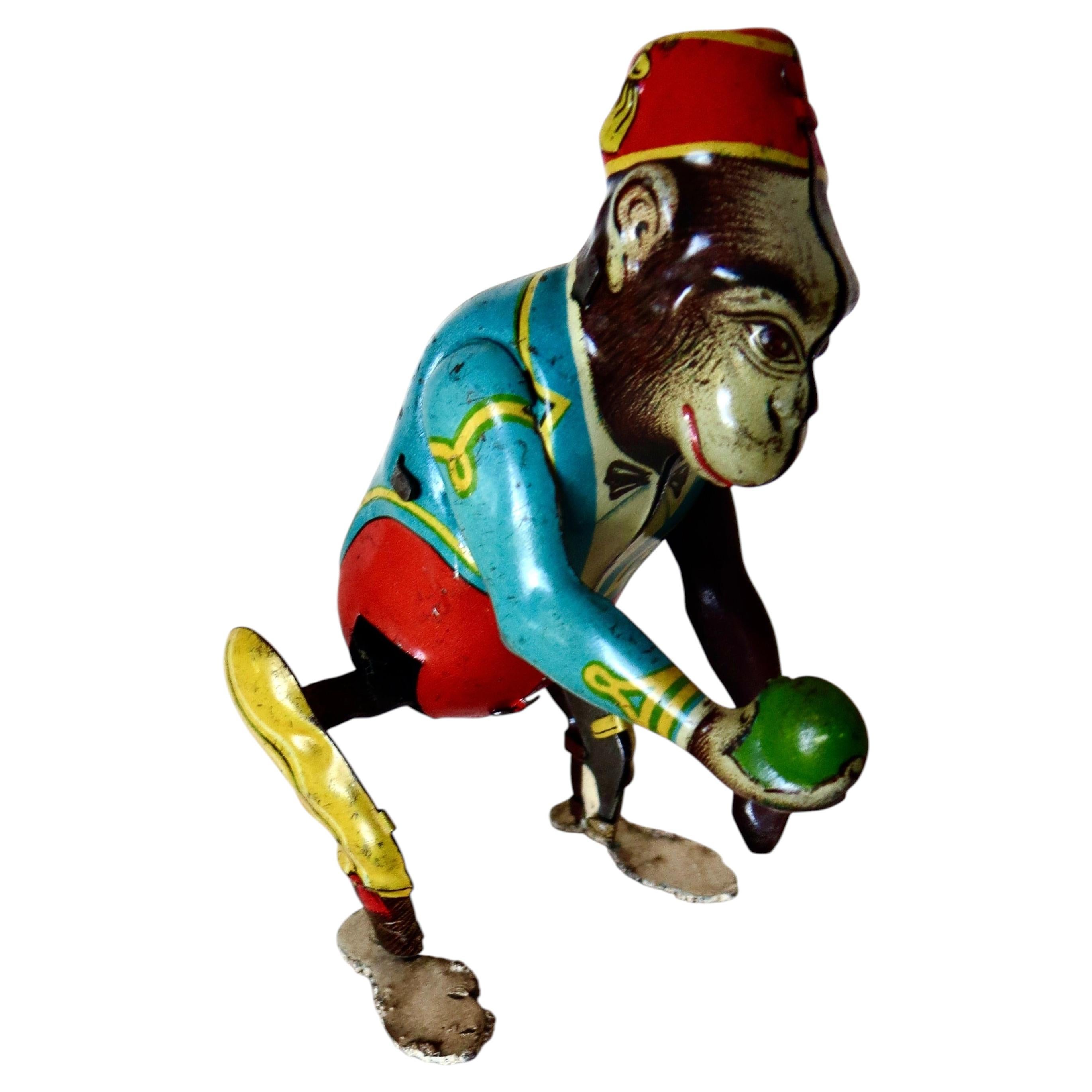 "Mono de circo con pelota" Juguete de hojalata de cuerda de Kohler, Alemania Circa 1947