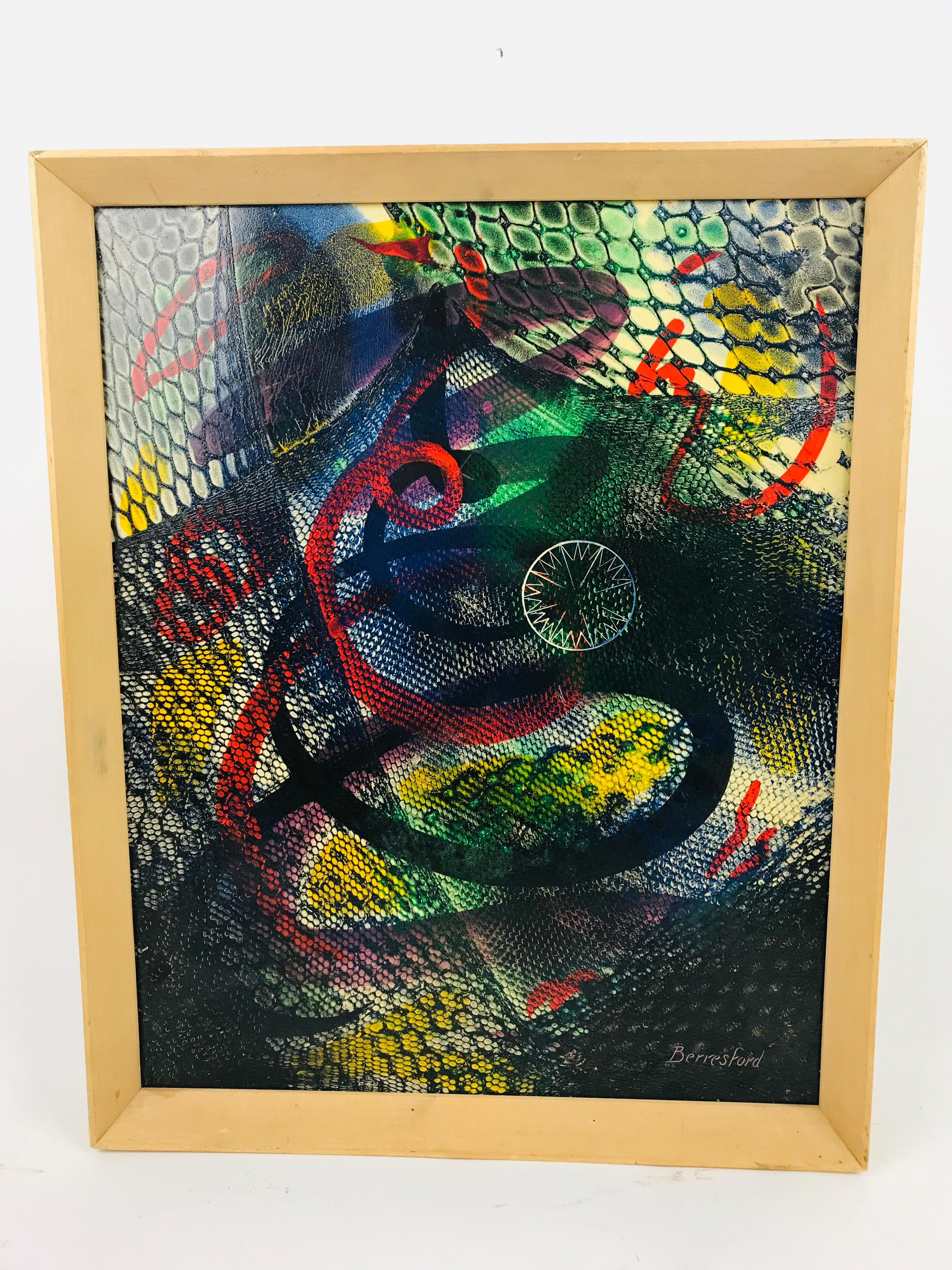 An immaculate oil on board by artist Virginia Berresford. This is a mind bending illusion of color and geometric patterns. With the color and texture of a psychedelic snake skin this one is sure to take you on a trip and it might be venomous. The