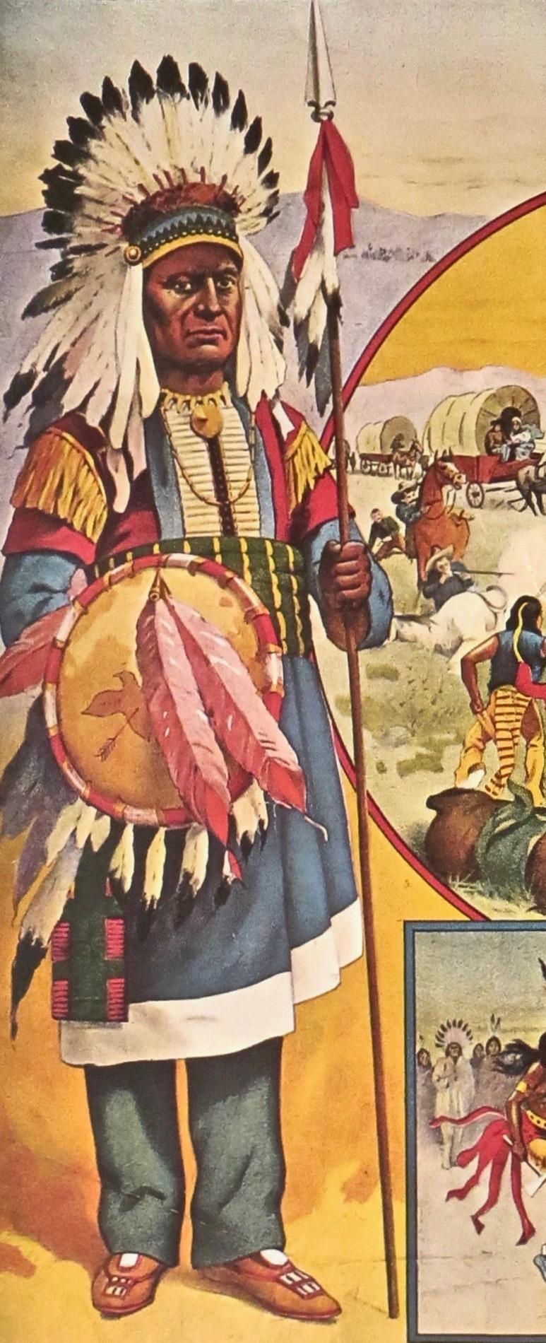 Cette affiche de cirque lumineuse et colorée, pleine d'action, représente la quintessence des images de Buffalo Bill avec des Indiens et des scènes de l'Ouest, des personnages en costume d'apparat utilisés dans ses spectacles du Far West et dans les