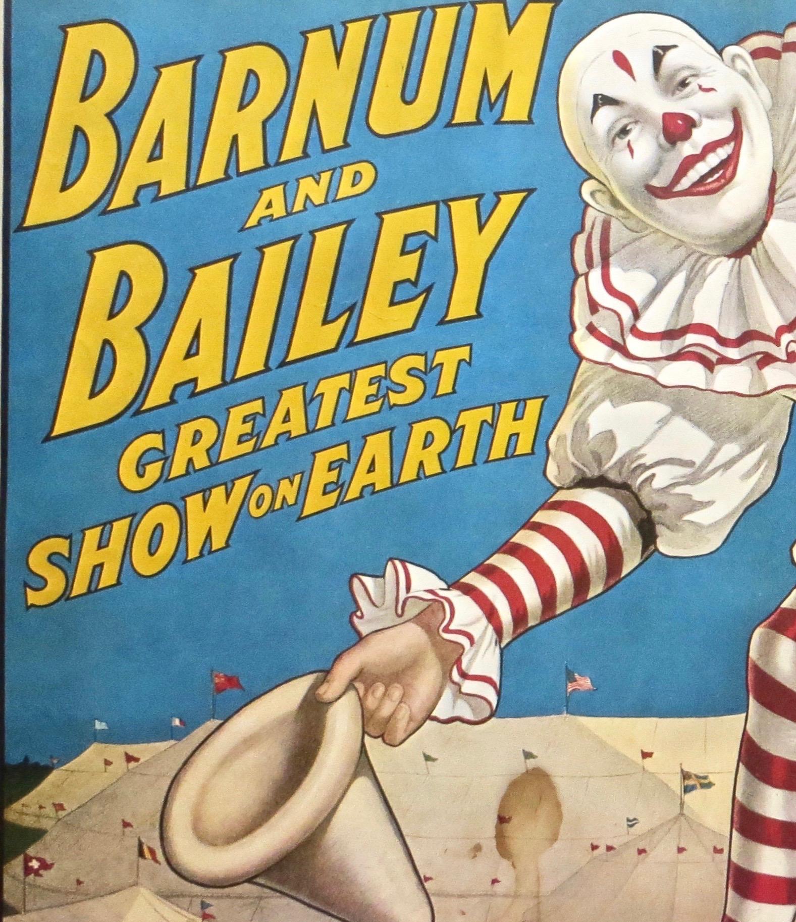 This highly animated, bright and colorful circus poster portrays a fabulous looking clown in white frilled garb with red stripes, welcoming everyone to see the 
