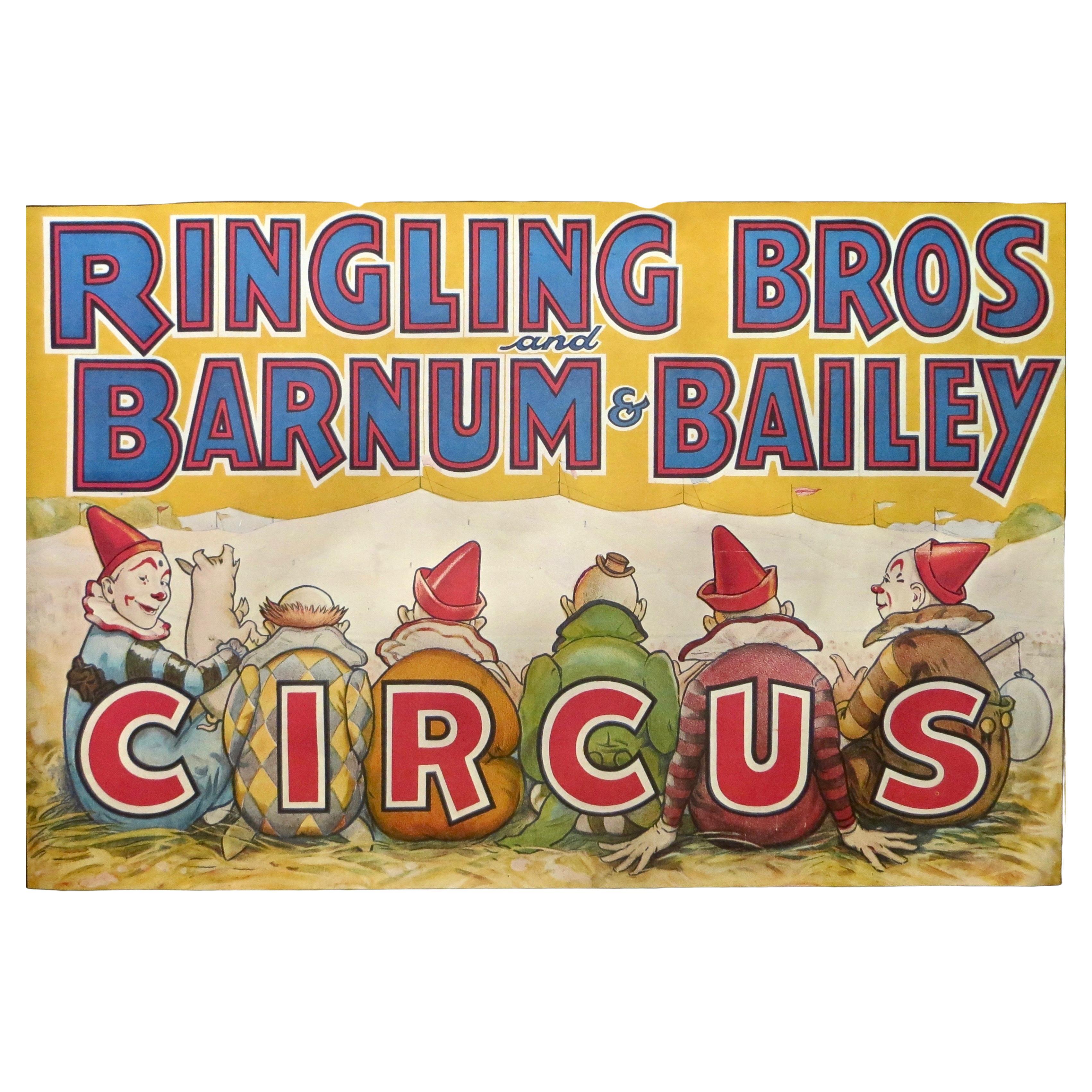 Affiche du cirque de Ringling Bros., vers 1971. Représentation de six clowns assis