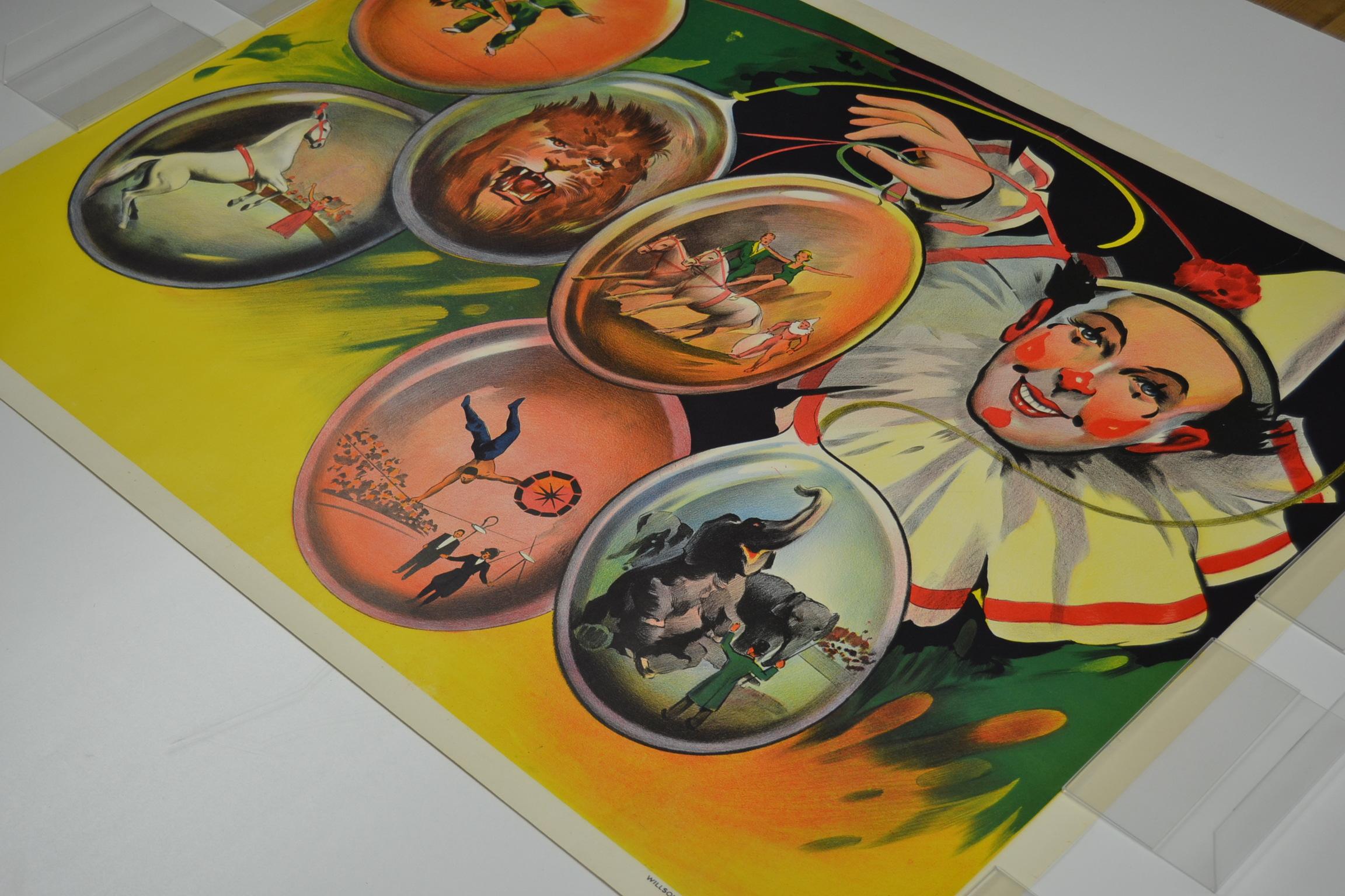 Litho Circus Poster with Clown and Circus Scenes Printed by Willsons Leicester 1