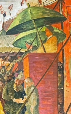 "Circus Scene, " 1930s Painting with Barker in Orange & Green, American Flags