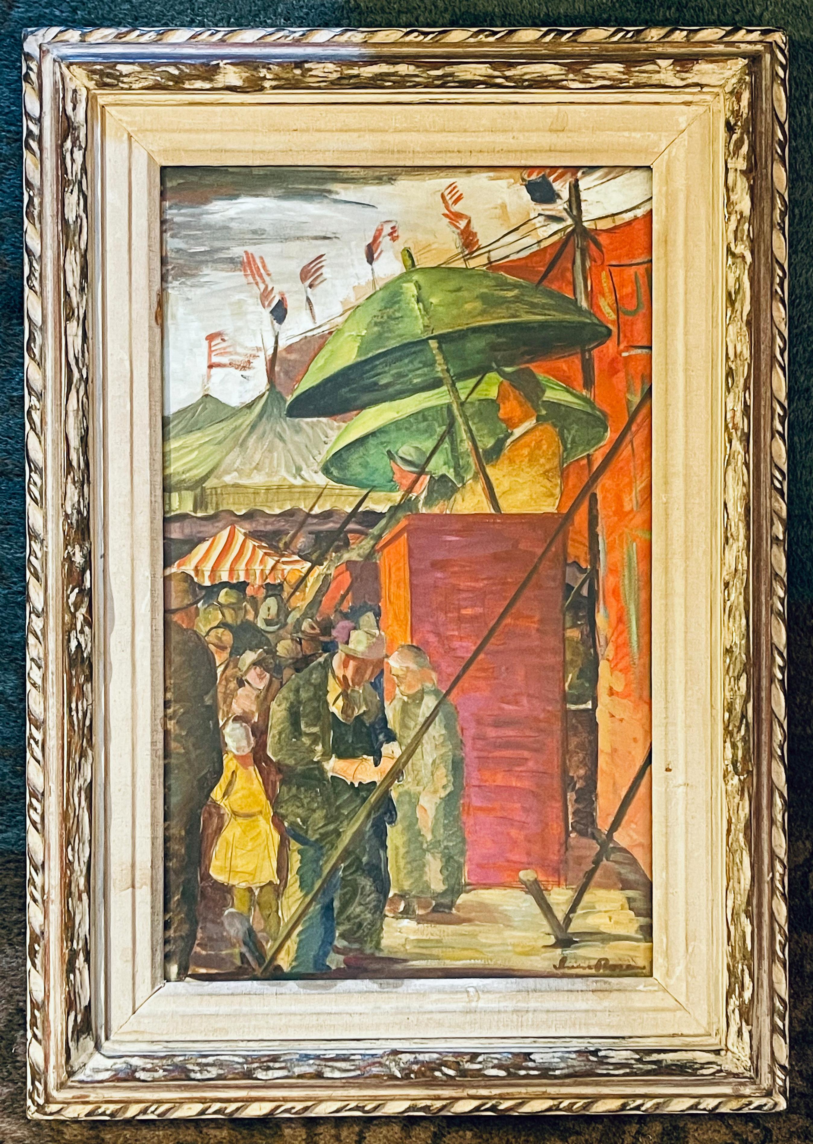„Circus Scene“, Gemälde mit Barker in Orange und Grün, amerikanische Flaggen, 1930er Jahre (Mitte des 20. Jahrhunderts) im Angebot