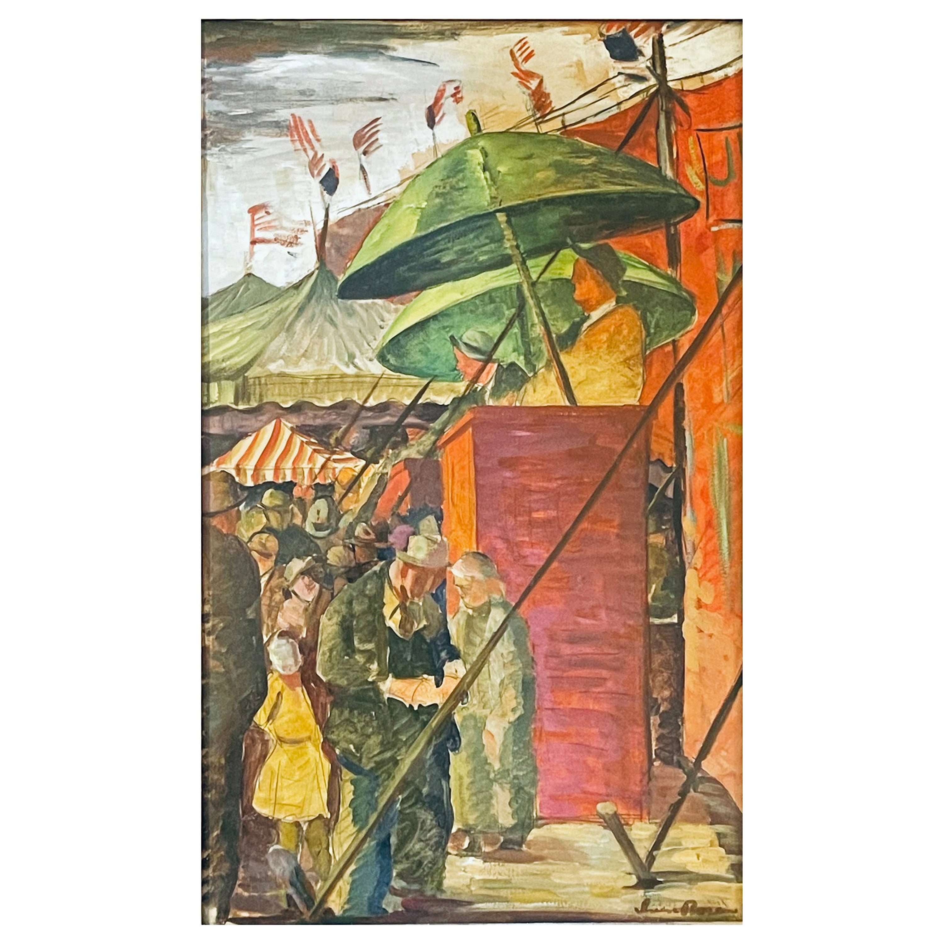 „Circus Scene“, Gemälde mit Barker in Orange und Grün, amerikanische Flaggen, 1930er Jahre