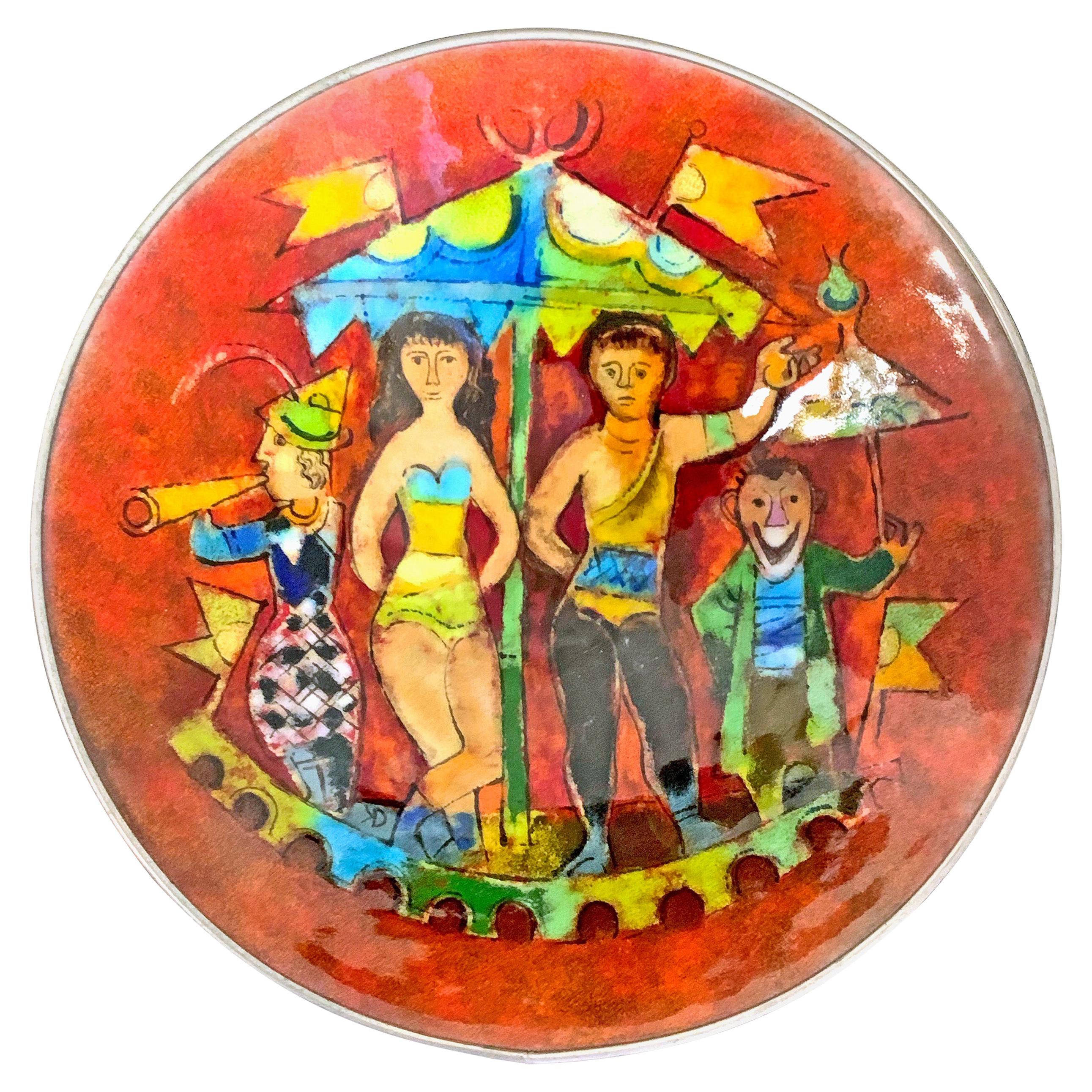 "Circus Scene, " Masterpiece Enamel Bowl w/ Trapeze Artists in Deep Red and Green For Sale