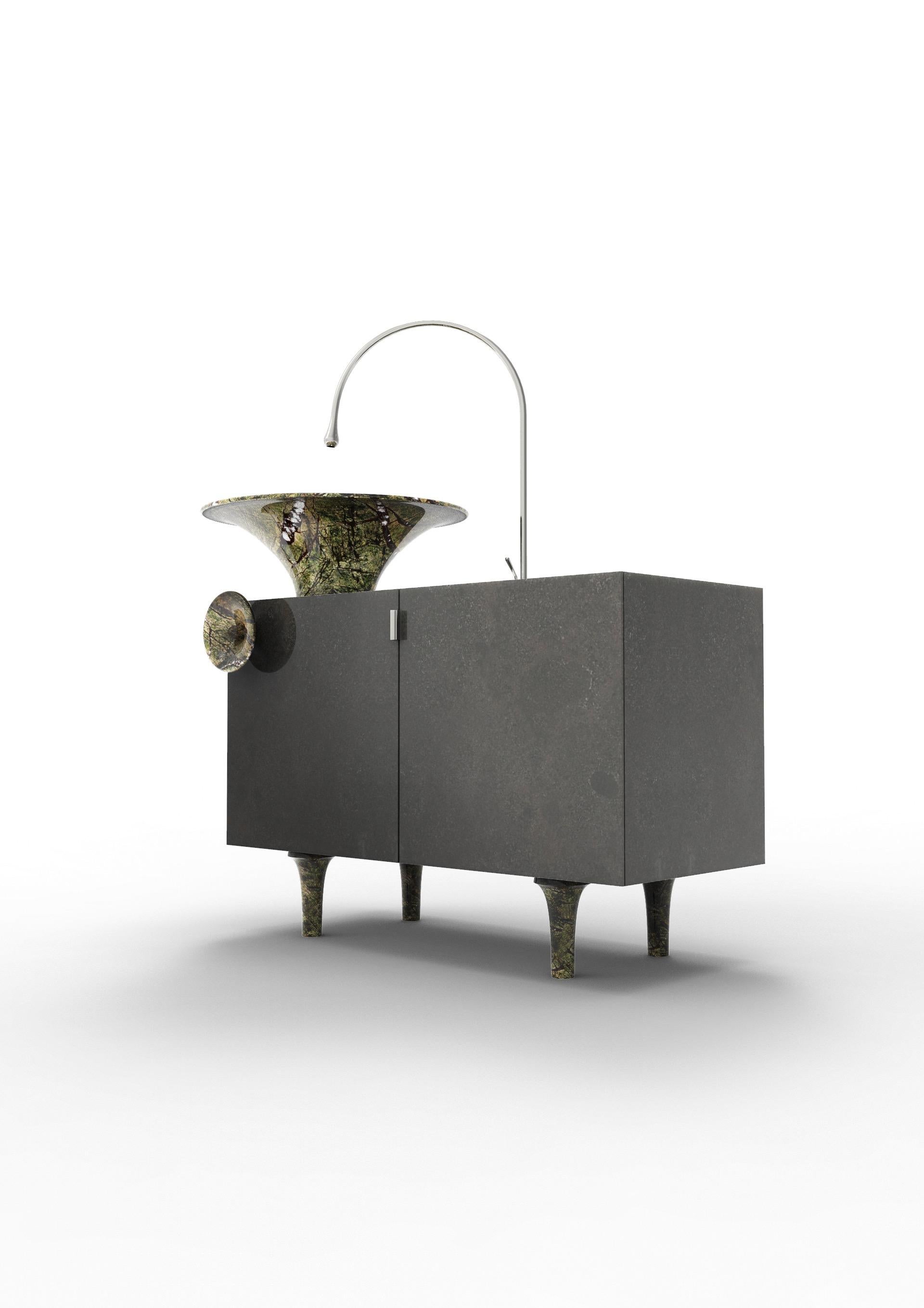 Circus washbasin and cabinet by Marmi Serafini
Materials: Sicily brown marble, Picasso green marble.
Dimensions: D 50 x W 110 x H 86 cm
Available in other marbles.
Tap not included.

Bathroom cabinet with a minimal and squared lines, strongly
