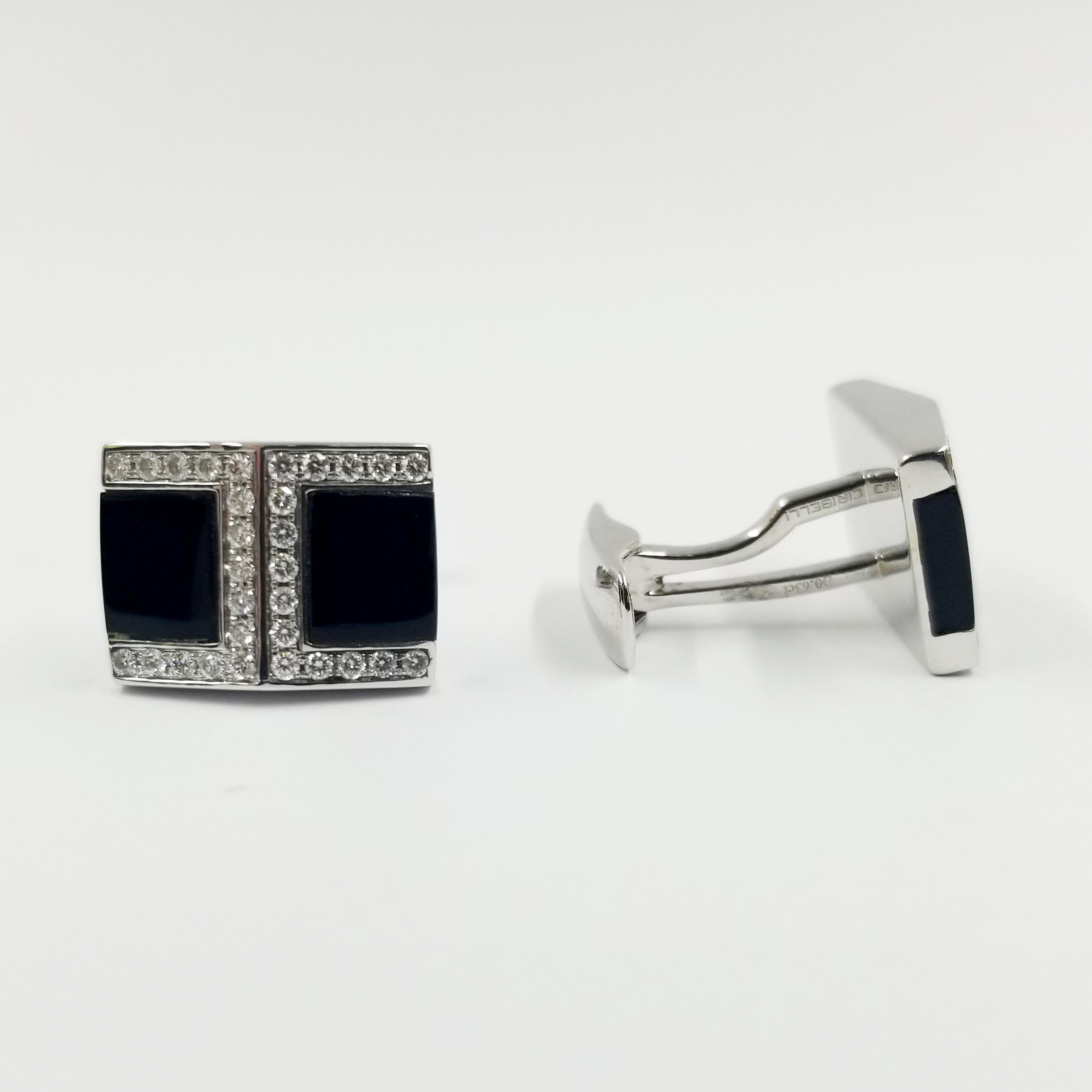 18 Karat White Gold Cufflinks from Fine Jeweler, Ciribelli of Monte Carlo
60 Round Diamonds Total 0.63 Carat Total Weight
VS Clarity & G Color
Specialty Cut Black Onyx
Torpedo Style Backs
Stamped 