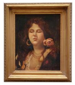 RETRATO DE MUJER JOVEN - Escuela Napolitana - Pintura Italiana al Óleo sobre Lienzo