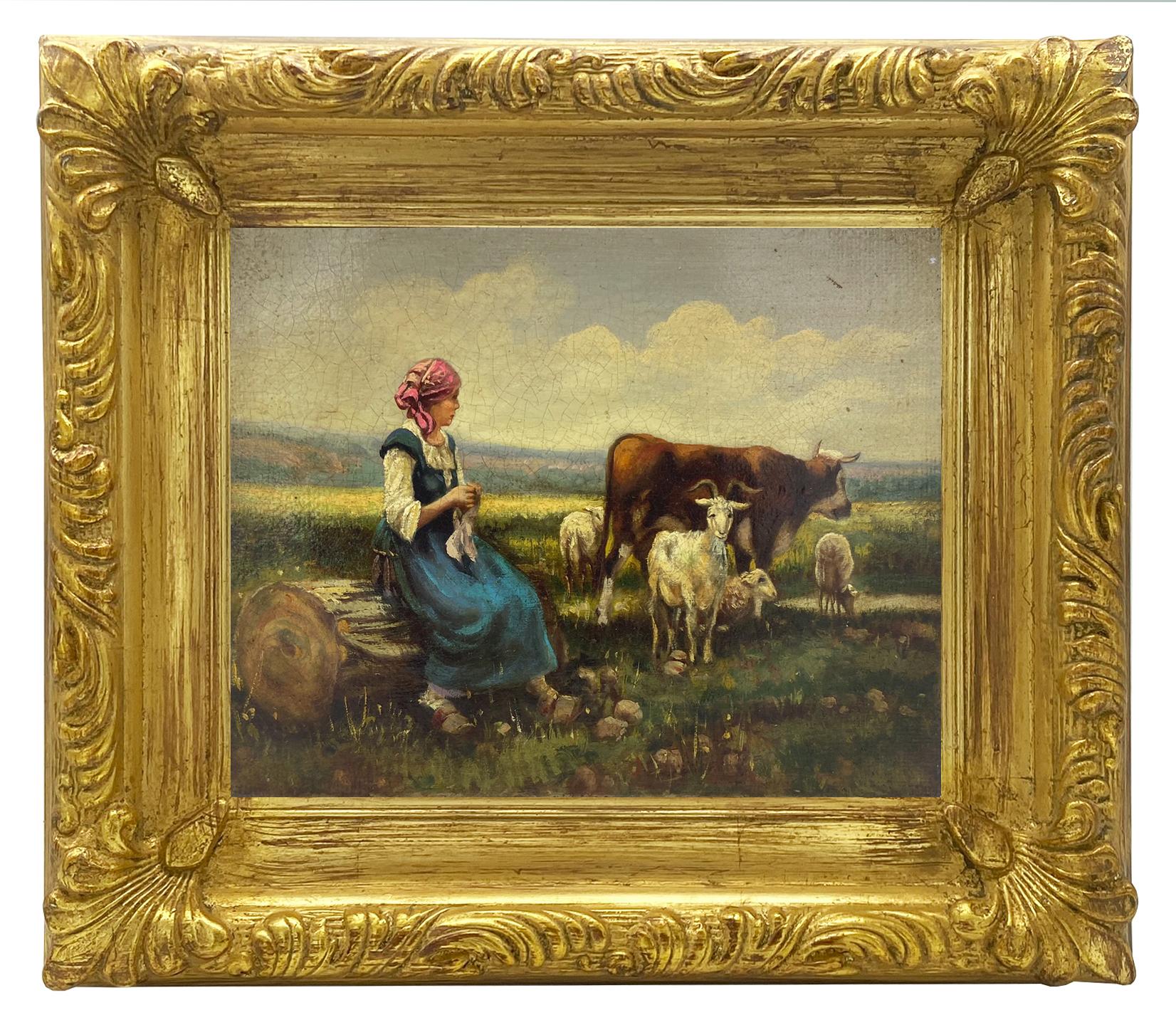 Ciro De Rosa Landscape Painting - COUNTRY SCENE - In the Manner of Julien Dupre' -Italian Oil on Canvas Painting