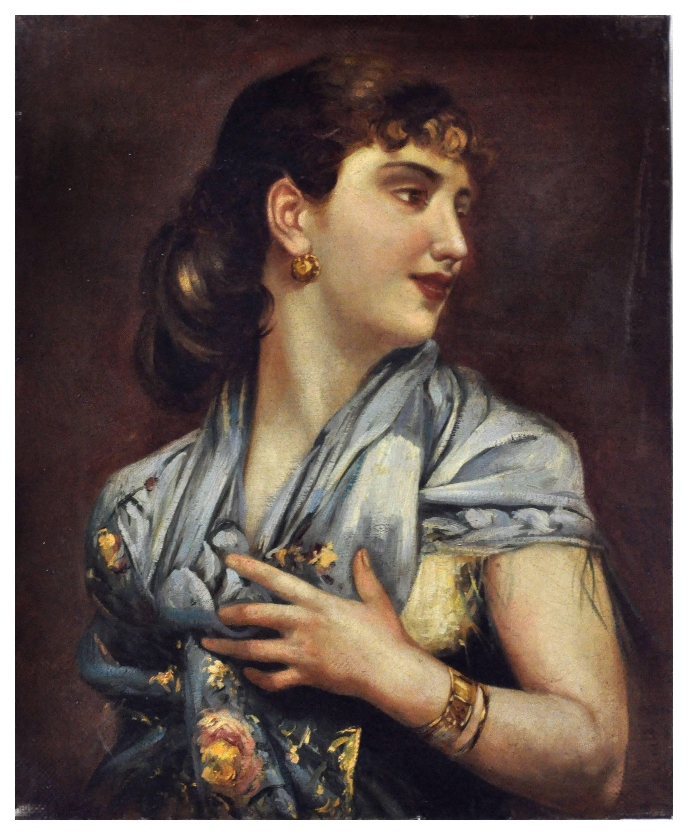 LADY WITH BLUE SCARF-Neapolitan School  Italian Portrair Oil on canvas painting  - Painting by Ciro De Rosa