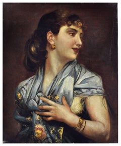 LADY WITH BLUE SCARF-Neapolitan School  Italian Portrair Oil on canvas painting