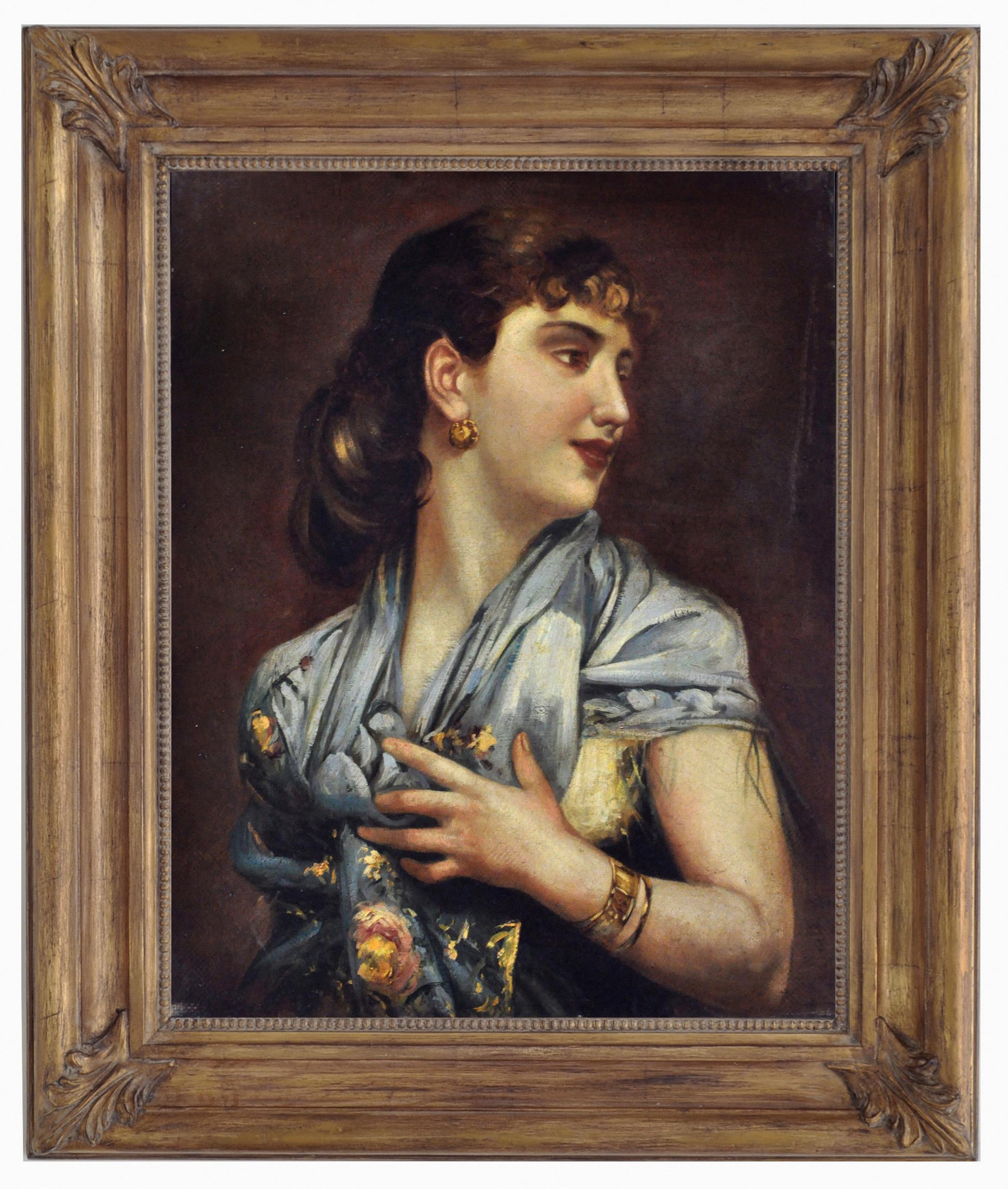 Ciro De Rosa Portrait Painting - LADY WITH BLUE SCARF-Neapolitan School  Italian Portrair Oil on canvas painting 