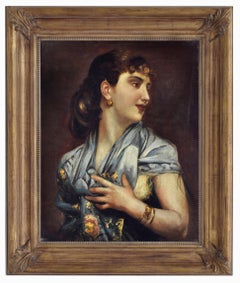 LADY WITH BLUE SCARF-Neapolitan School  Italian Portrair Oil on canvas painting 