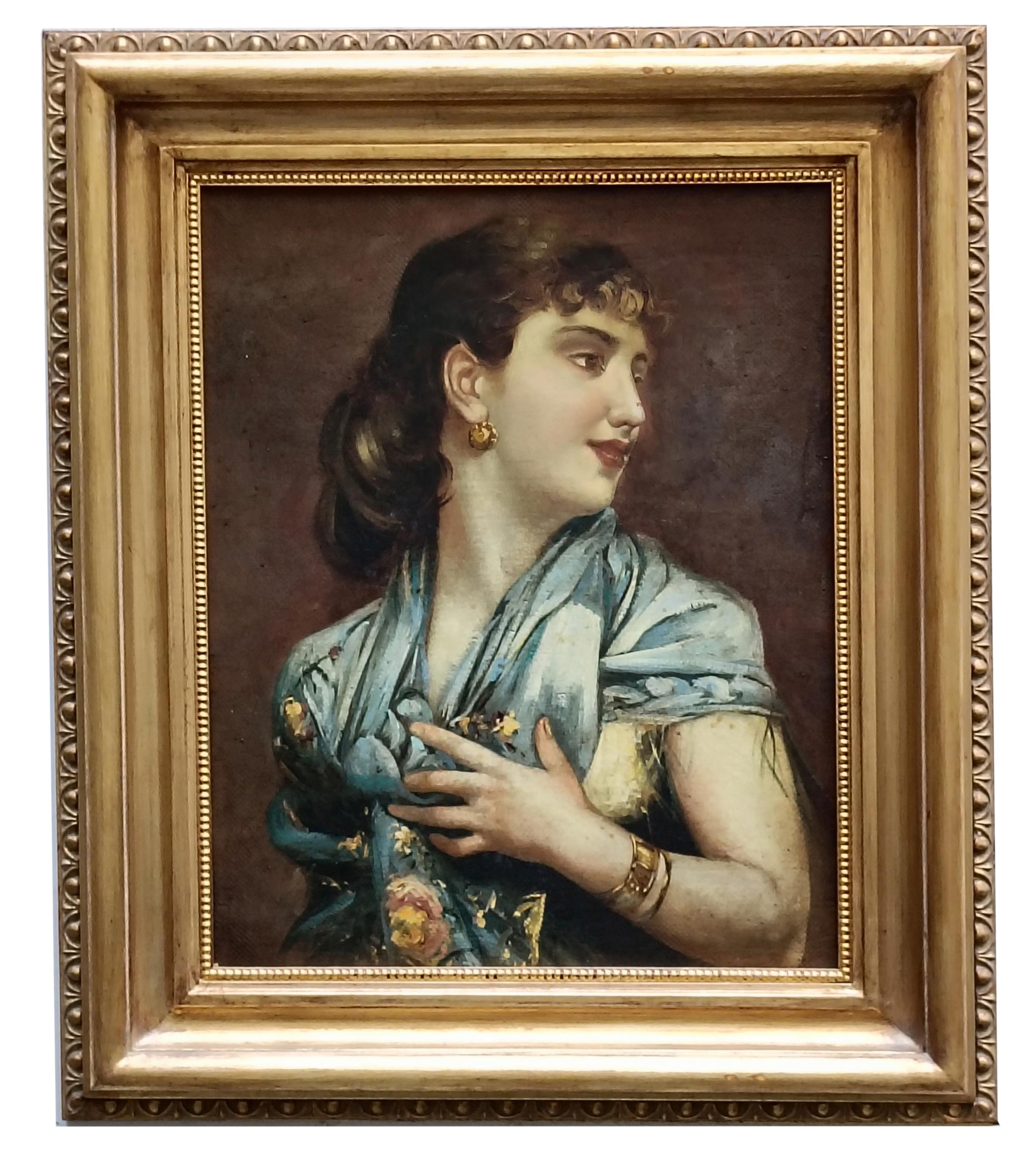 LADY WITH BLUE SCARF-Neapolitan School  Italian Portrair Oil on canvas painting